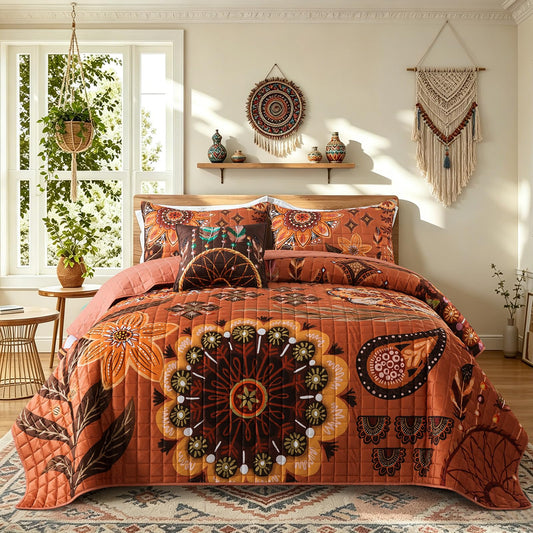BEDIFANY Velvet King Size Quilt, 3 Pieces Boho Ethnic Style Comforter Set, Lightweight Velvet Quilted Bedspread for All Season, Vintage Textile Print Quilt Bedding Sets