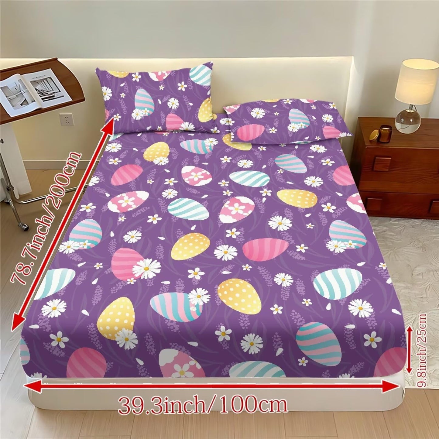 ZDCUSTOM Easter Egg Sheets Twin XL Size Wrinkle Free Bed Sheets Purple Bedding Sheets & Pillowcases 3 Piece Set Soft Deep Pocket Fitted Sheet & Pillow Case for Easter Decor, 39" x 79"