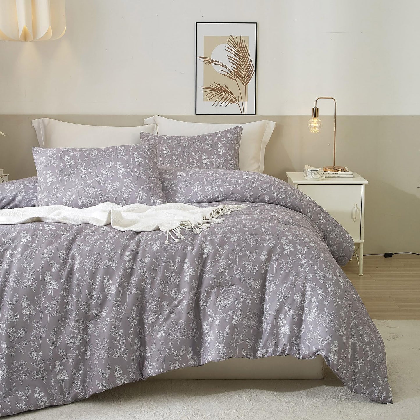 EAVD Botanical Floral Comforter Set Queen Grayish Purple Soft Microfiber Chic Cute Garden Floral Bedding Comforter Set 1 Queen Comforter and 2 Pillowcases Fresh Botanical Comforter for All-Season