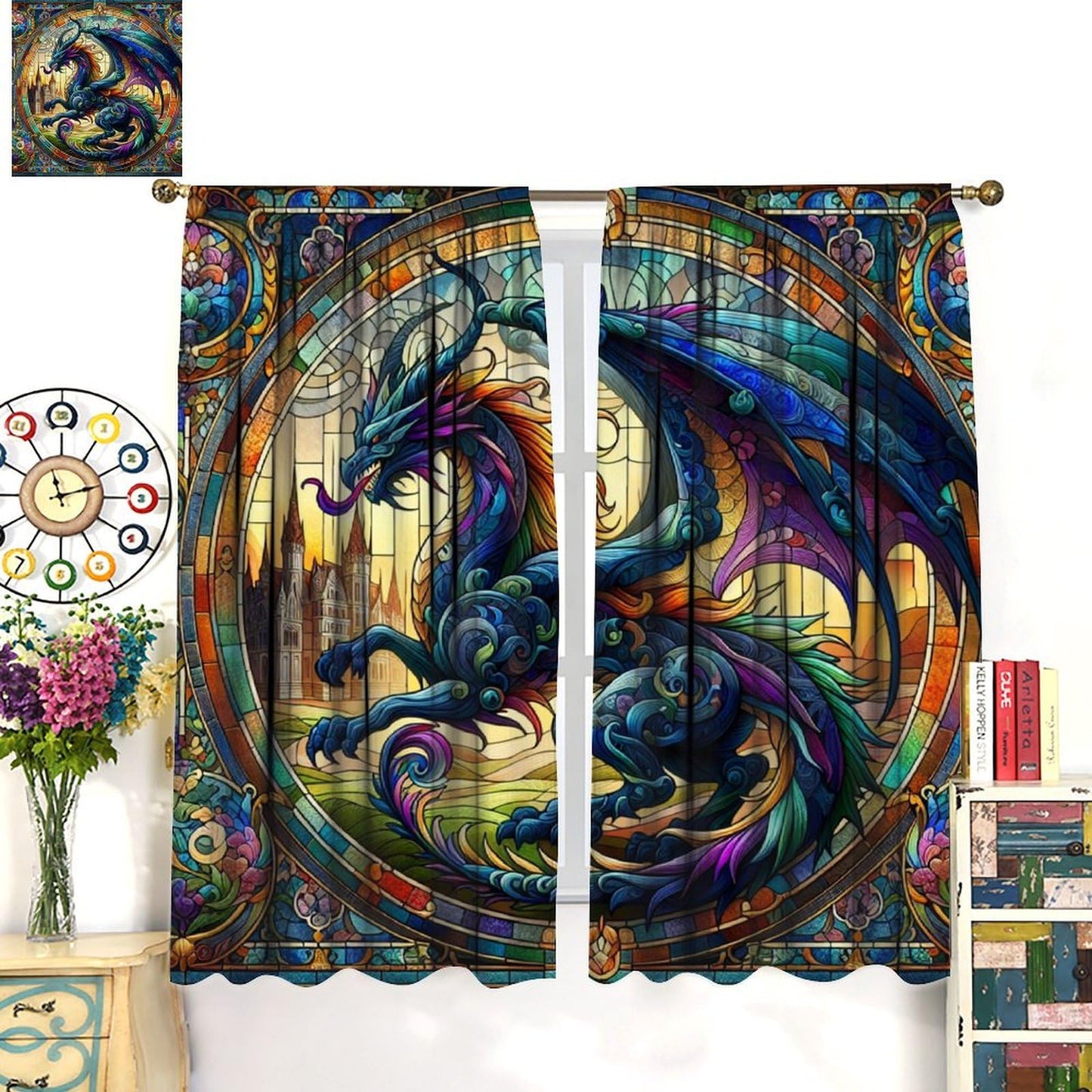 FengMingRui Stained Glass Dragon Curtains for Kids Abstract Geometry Western Dragon Window Treatments for Boys Girls Bedroom Living Room Window Drapes 42" W X 45" L