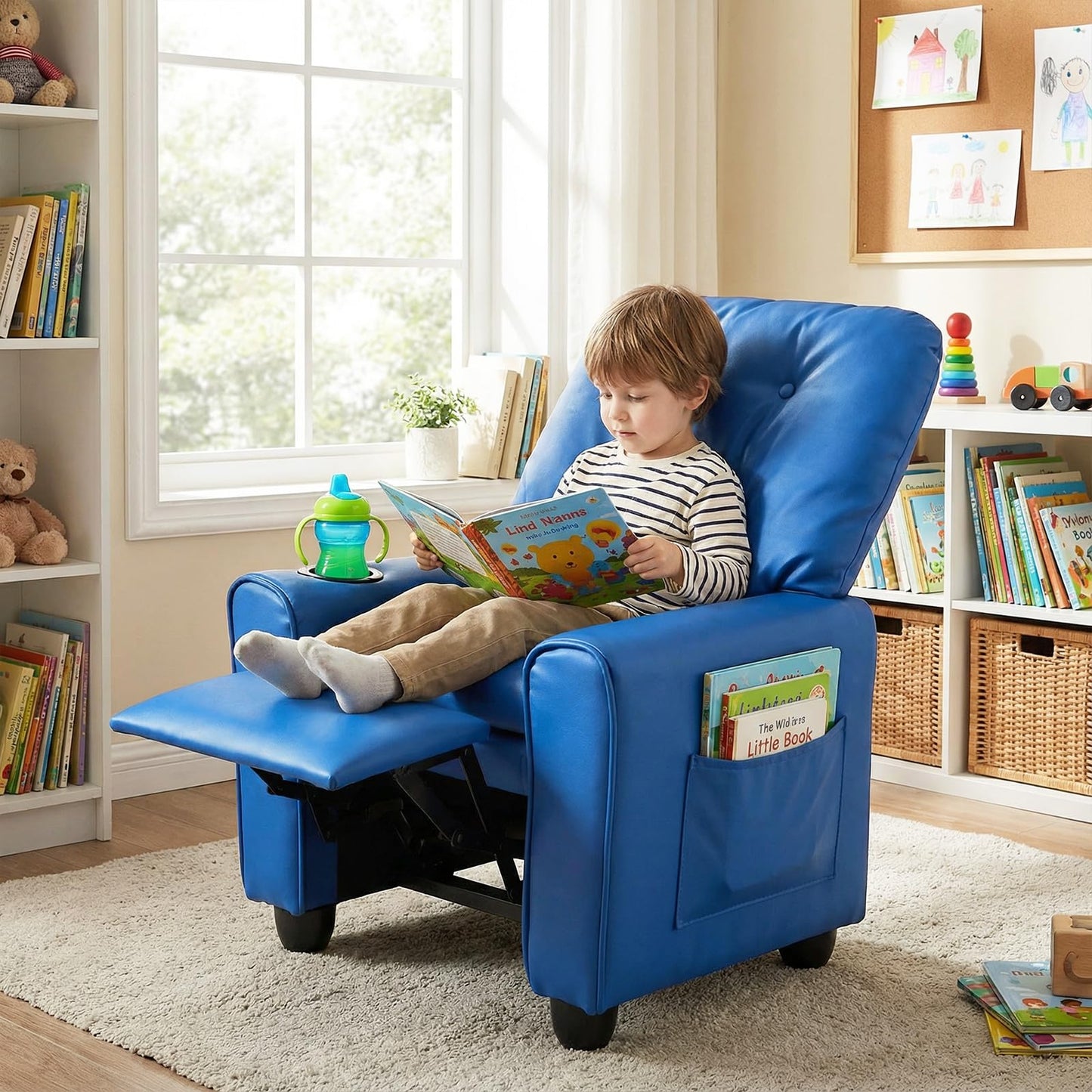 INFANS Kids Recliner, Toddler Lounge Chair with Adjustable Backrest Footrest Cup Holder Side Pockets, PU Leather Toddler Couch