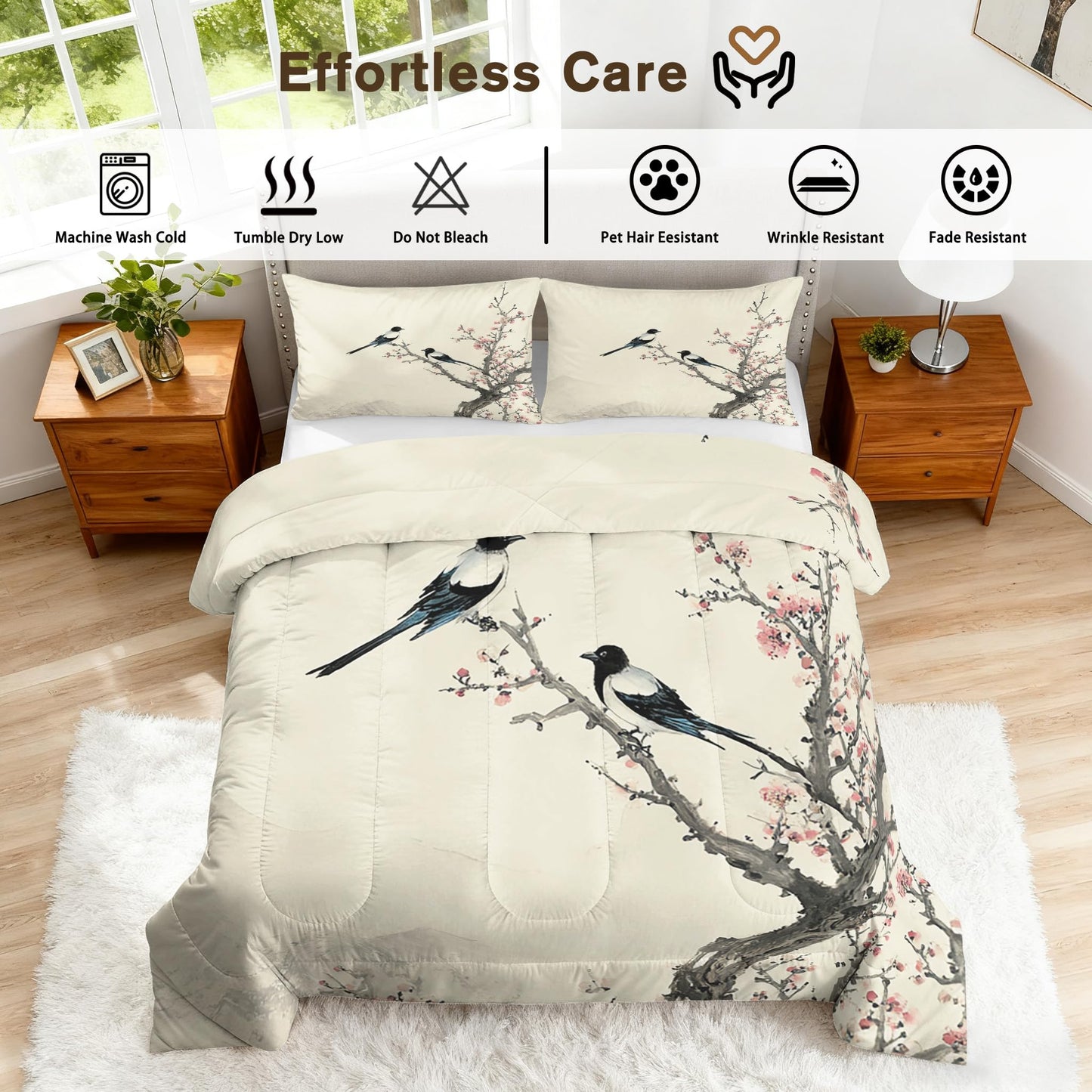 TANCAPRIUM Japanese Comforter Set Queen - Flower Bird Bedding Set & 2 Pilow Cases for All Season - Soft Reversible Down Alternative 3 Piece. Japanese Bedrom Decor