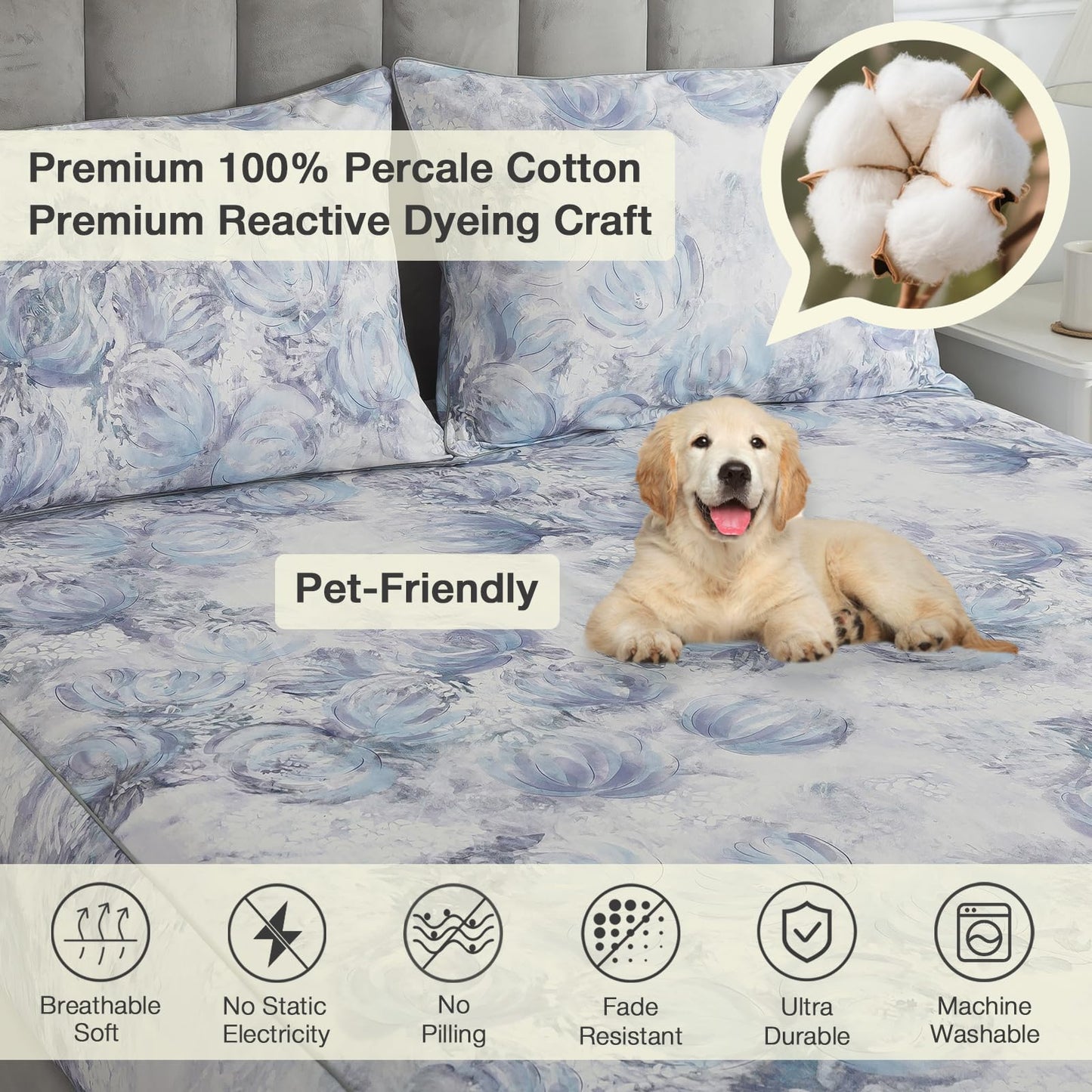 Puralens Blue Floral Cozy House Percale Sheets Queen, 100% Cotton White Flower Deep Pocket Vintage Sheet Set, Abstract Aesthetic Soft Crisp Toile Bed Sheets, Shabby Chic Farmhouse Bedding, 4Pcs