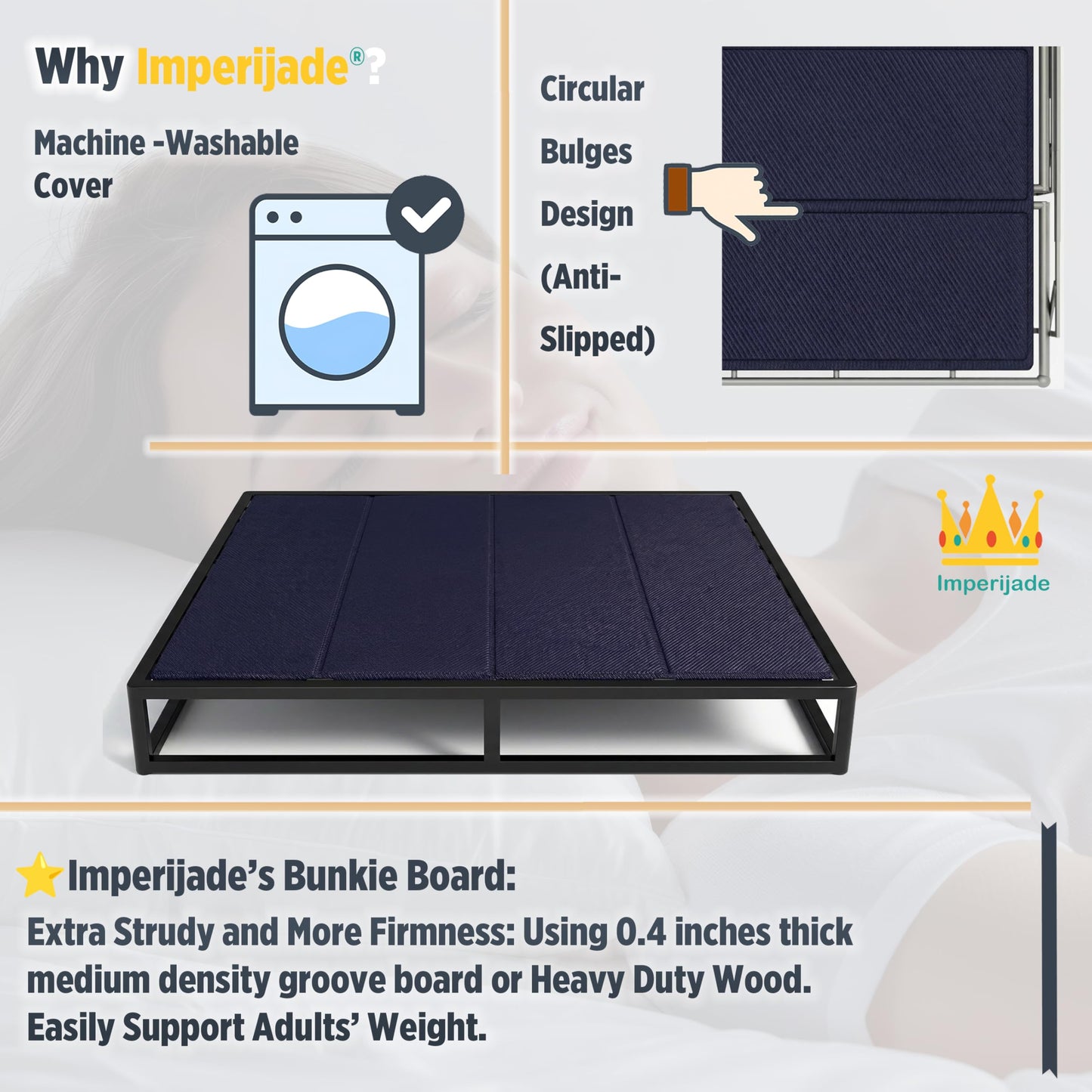 Imperijade 10mm Bunkie Board (76”x80”King Size) Heavy Duty Wood, Low Profile Bed Support, Breathable, Noise Minimizing, Moisture Resistant | Fodable Box Support Board | Split Fully Assembled