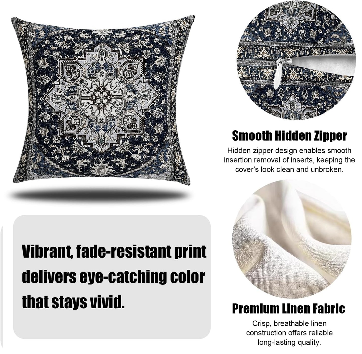 ZSYTZL Boho Throw Pillow Covers 18x18 inch Set of 2,Linen Bohemia Carpet Pattern Decorative Living Room Sofa Bed Square Pillow Case Cushion Cover-Sapphire Blue