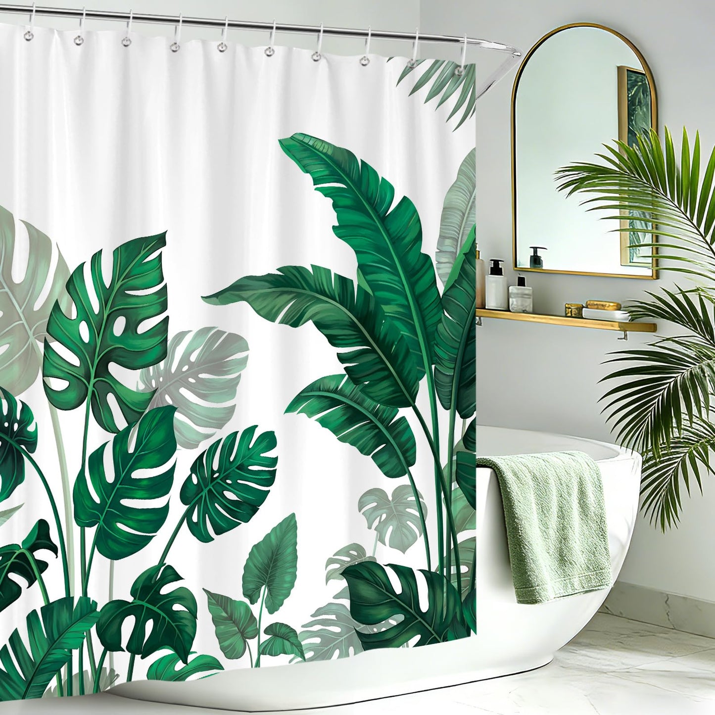 hometrixx Summer Tropical Plant Shower Curtain Dark Green Botanical Monstera Palm Tree Leaves Shower Curtains for Bathroom Bathtub Light Weight Washable Waterproof Fabric with 12 Hooks 72 X 72 Inch