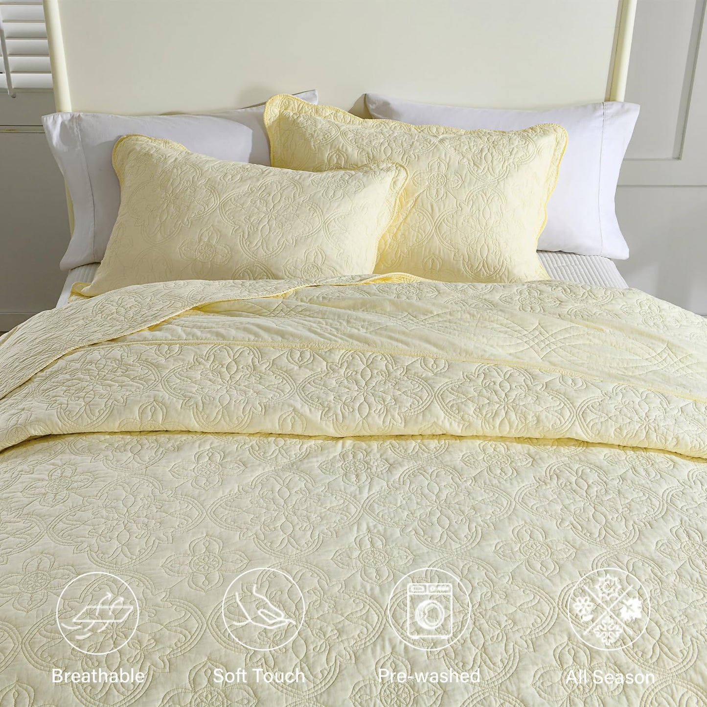 Finlonte Oversized Queen Bedspread 120"x102" - 100% Cotton Floral Embroidery Quilted Bedspread, Solid Cream Bedspread Coverlet Set, Lightweight Soft Extra Large Queen Quilt with 2 Pillowshams