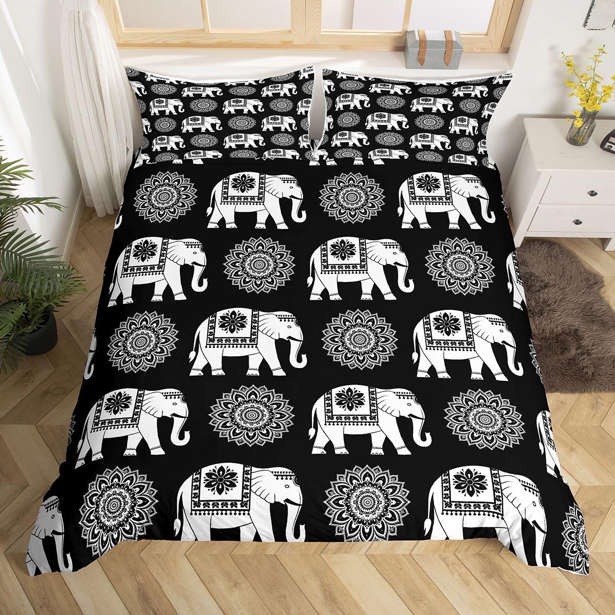 Erosebridal Elephant Bedding Set Twin Bohemian Floral Duvet Cover for Kids Teens Contemporary Aesthetic Comforter Cover Bohemian Cute Animal Bed Set