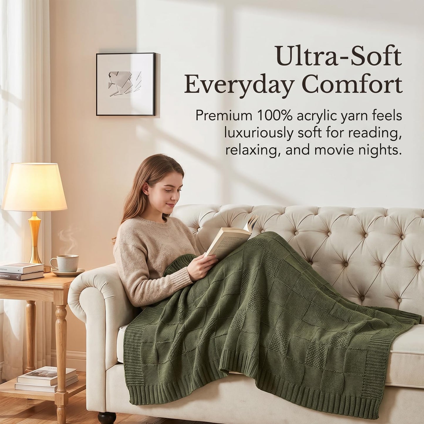 Chunky Knit Throw Blanket for Couch, Oversized Decorative Knitted Blanket, Soft Luxurious Moss Stitch Chair Blankets for Sofa and Bed, Cozy Farmhouse Boho Home Decor, Olive Green, 50" x 70"