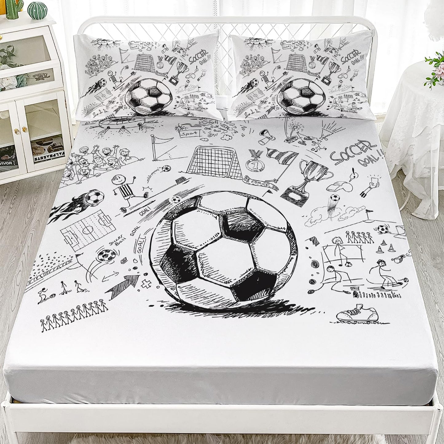 Nttopship Soccer Kids Sheet Set, Queen Size, 3D Football Pattern Bed Sheet, Black White Unique Bed Sheet Set 4pcs (Fitted + Flat + 2 Pillowcases)