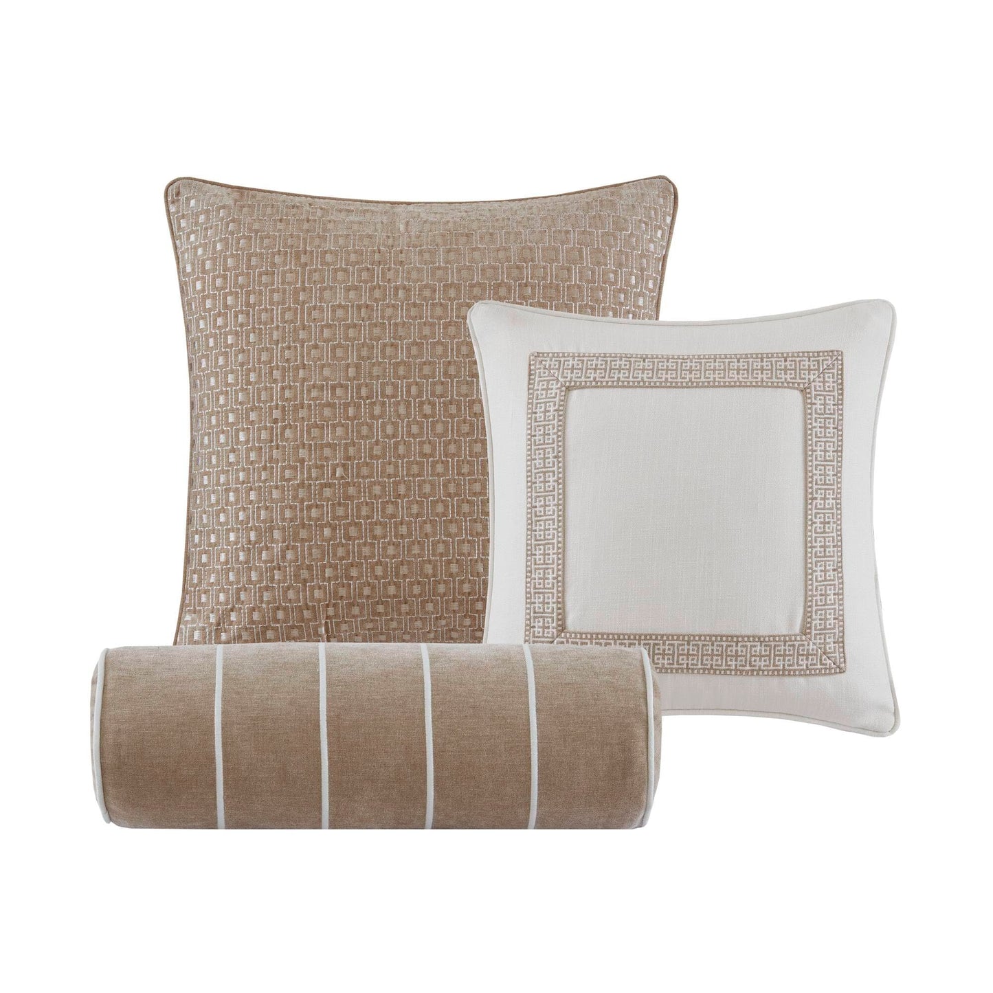 Madison Park Signature Oversized Queen Comforter Set, Luxury Hotel Style Bedding with Embroidered Details, All Season Down Alternative Comforter, Matching Shams&Decorative Pillows, Tan/Ivory, 8 Piece