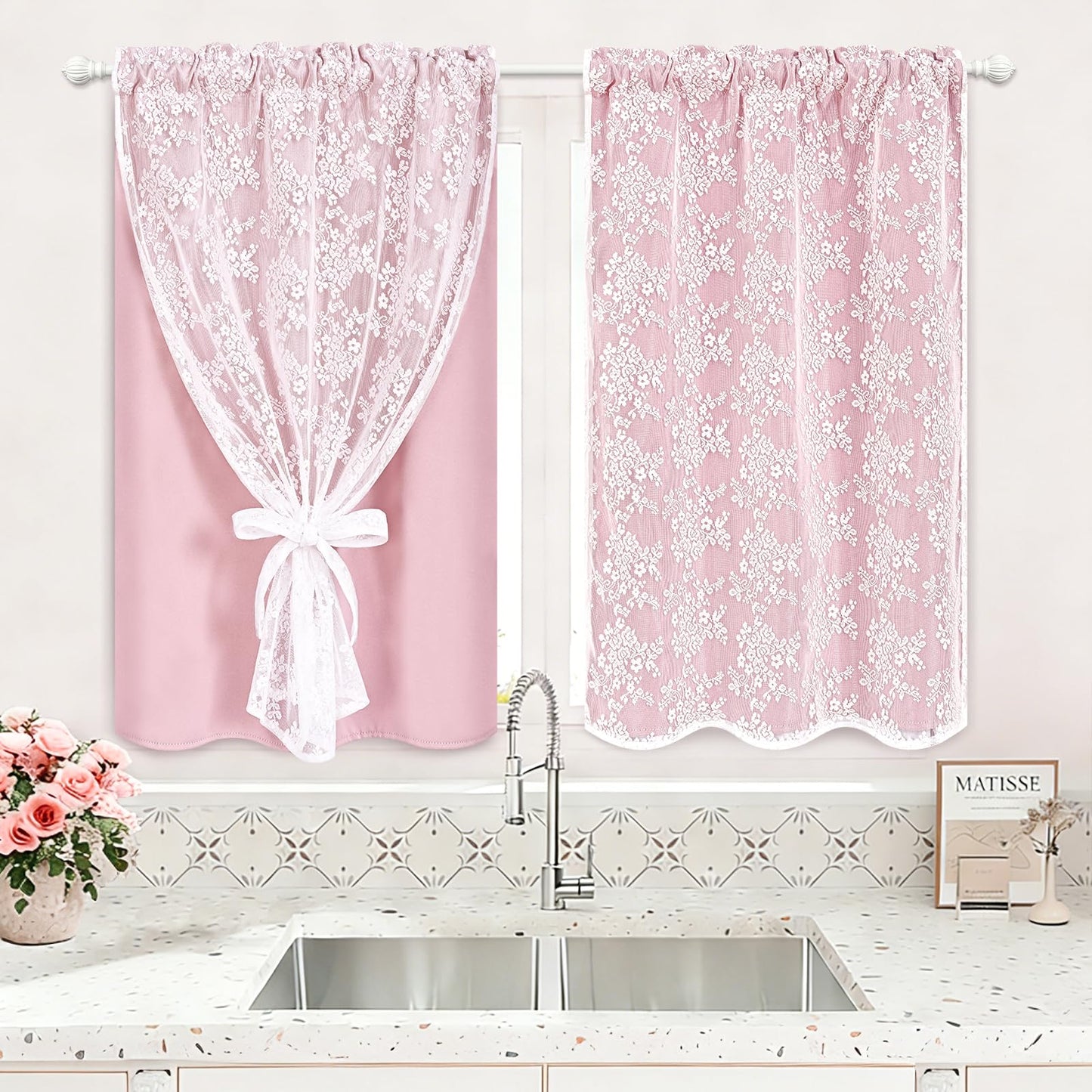 Yinhua Pink Kitchen Curtains 36 Inch Length Double Layer Blackout Cafe Curtains with Floral Sheer Overlay Rod Pocket Short Curtain for Windows, Small Window Curtain for Bathroom, Living Room, 2 Panels