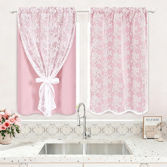 Yinhua Pink Kitchen Curtains 36 Inch Length Double Layer Blackout Cafe Curtains with Floral Sheer Overlay Rod Pocket Short Curtain for Windows, Small Window Curtain for Bathroom, Living Room, 2 Panels