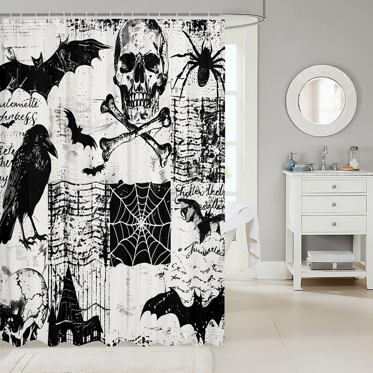 Feelyou Halloween Decor Shower Curtain for Bathroom Decor Gothic Skull Bath Curtain for Stalls Bathtubs Crow & Bat Waterproof Polyester Fabric with 12 Hooks 72"x72"