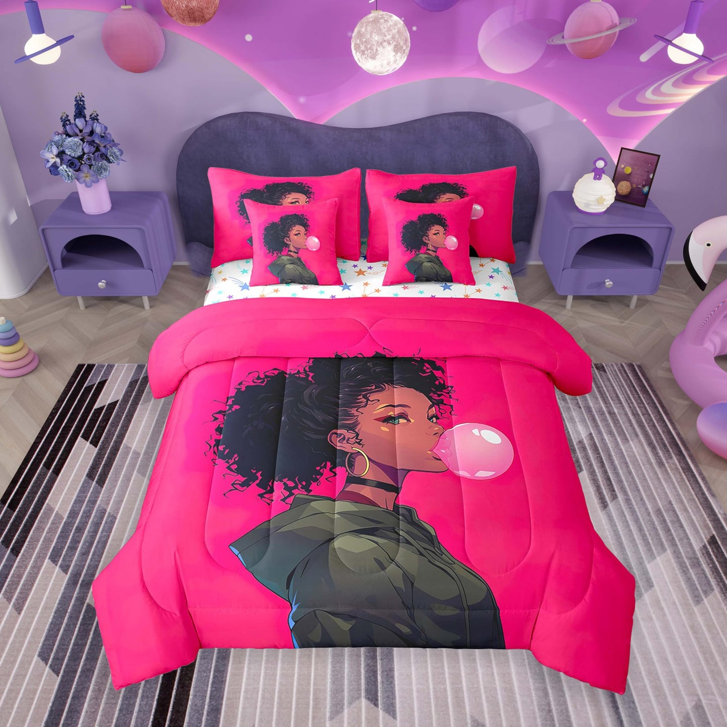 jejeloiu Kids Cool Black Girl Comforter Set 7 Pieces Full Size African American Girl Bedding Set for Boys Girls Pink Bed in a Bag with Comforter, Sheets, Pillowcases & Cushion Covers（No Glitter）