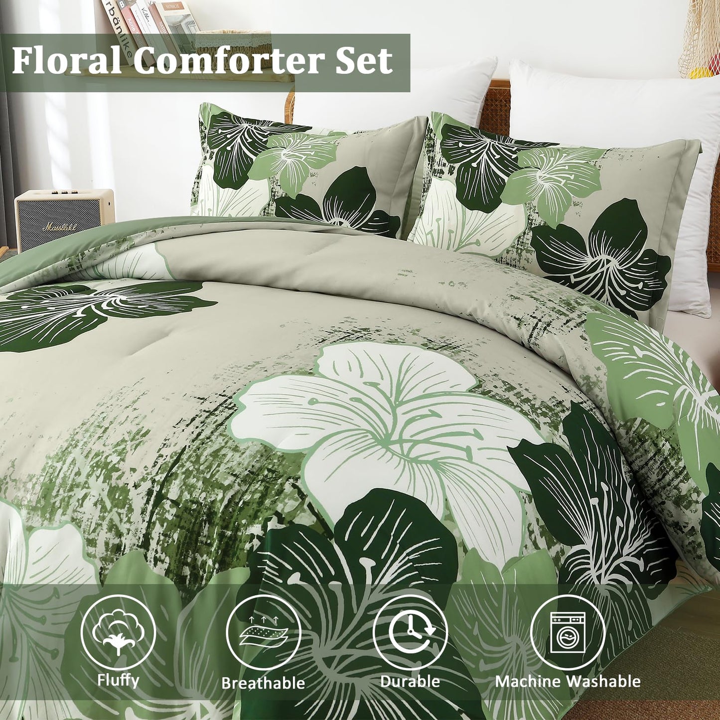 Menghomeus Floral Comforter Set Queen Ombre Green Bedding Lightweight Microfiber Bed Comforter for All Season, 3 Piece Flowers Comforter with 2 Pillowcases
