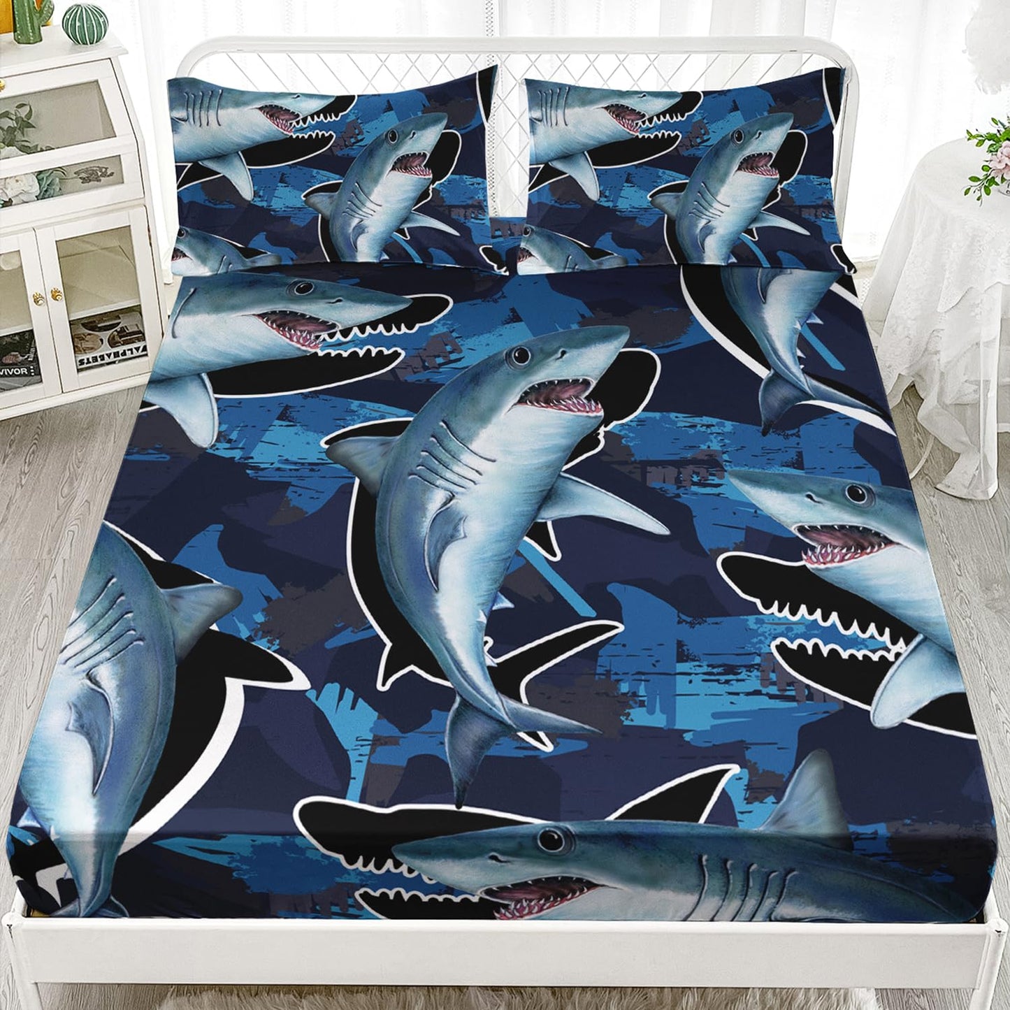 HOSIMA Blue Shark Fitted Sheet Set for Adults Kids,Cartoon Shark Pattern Bedding Set Full Size,Blue Ocean Animal Themed Fitted Sheet Set for Boys Room Decor,1 Fitted Sheet+2 Pillowcases.