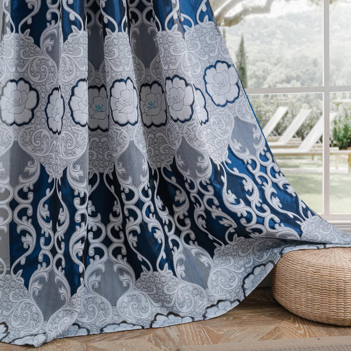 Petrichor Navy Sheer Jacquard Voile Curtains （54" W x 84" L）, 2 Panels with Attached Valance, Double Layer Floral Cutwork Design with Luxurious Texture, Rod Pocket, for Bedroom & Living Room