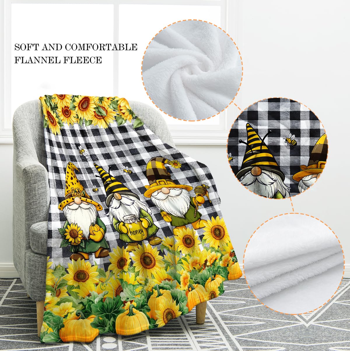 Jekeno Christmas Gnomes Sunflower Blanket Floral Gifts for Women Men Kids Boys Girls Dad Mom Husband Wife Friends Birthday Halloween Home Bedroom Room Decor Flower Blanket 50"x60"