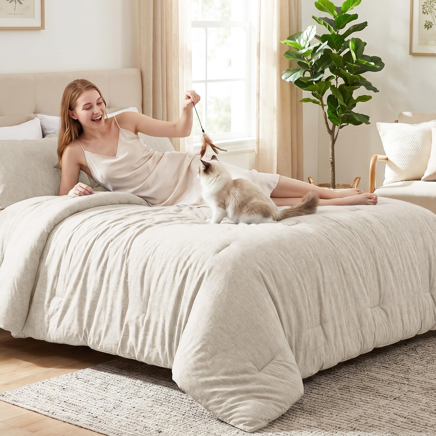 CozyLux Queen Comforter Set 3 Pieces, Heathered Beige Luxury Comforters Queen Size Bedding Set, Breathable Lightweight Down Alternative Comforter with 2 Pillow Shams, All Seasons Bed Set Gift for Home