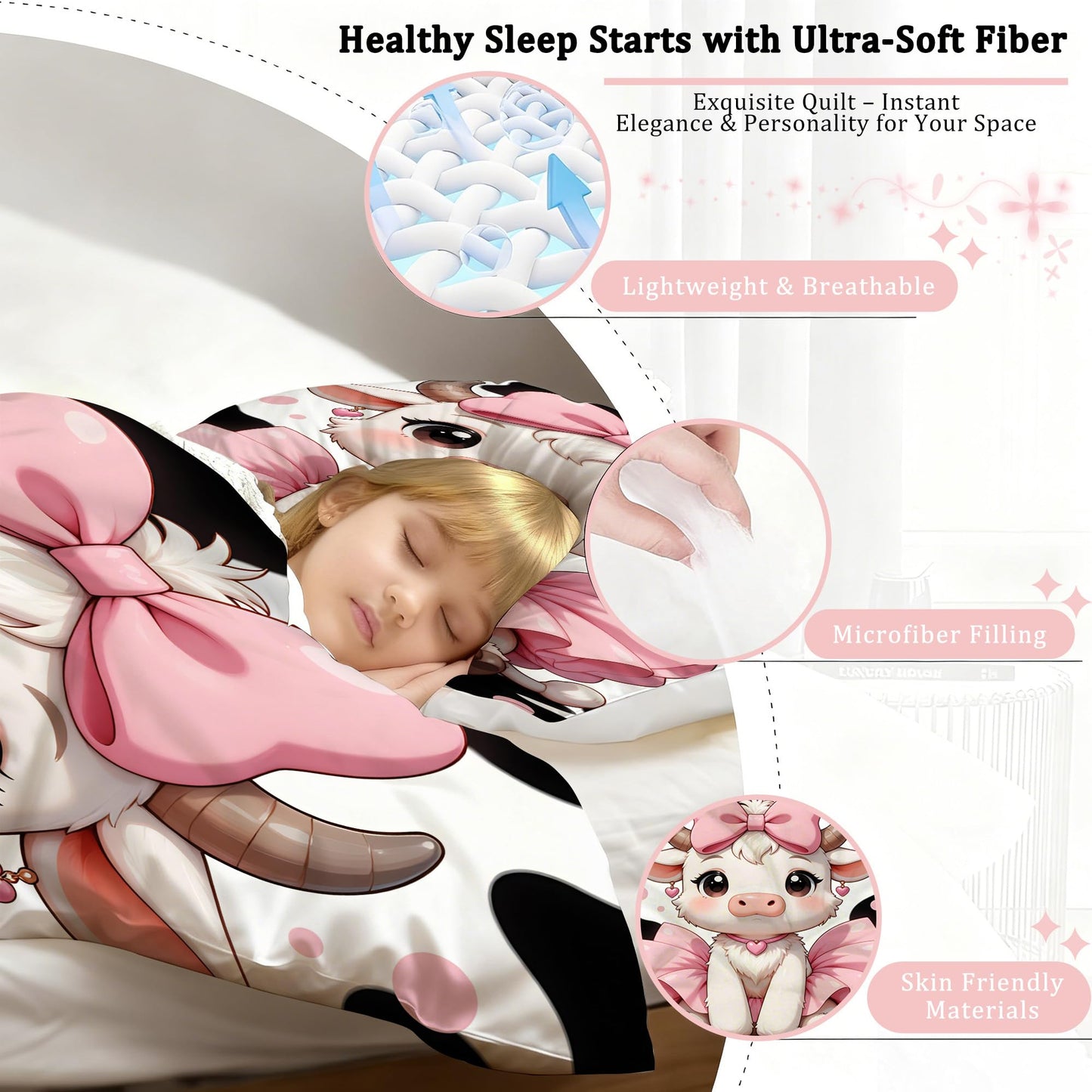 VTKON Cute Girls Cow Comforter Set Twin Size for Kids Teens Pink Bow Tutu Cow Bedding Set Kawaii Cartoon Animal Bed Set for Toddler Nursery Bedroom Decor Soft Quilt Set with 1 Pillowcase