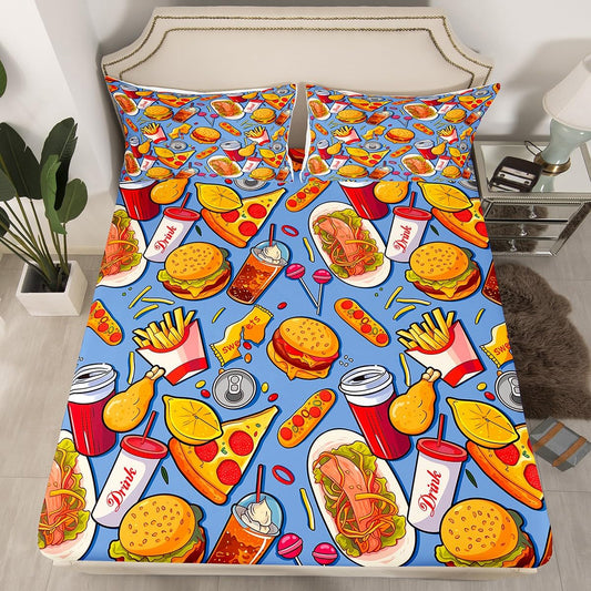 American Fast Food Bedding Set Deep Pocket Full Pizza Hotdog Fitted Sheet Hamburger Print Bed Sheets for Kids Boys Girls Children Teens French Fries Cartoon Colorful Bedding Decor Set(No Top Sheet)