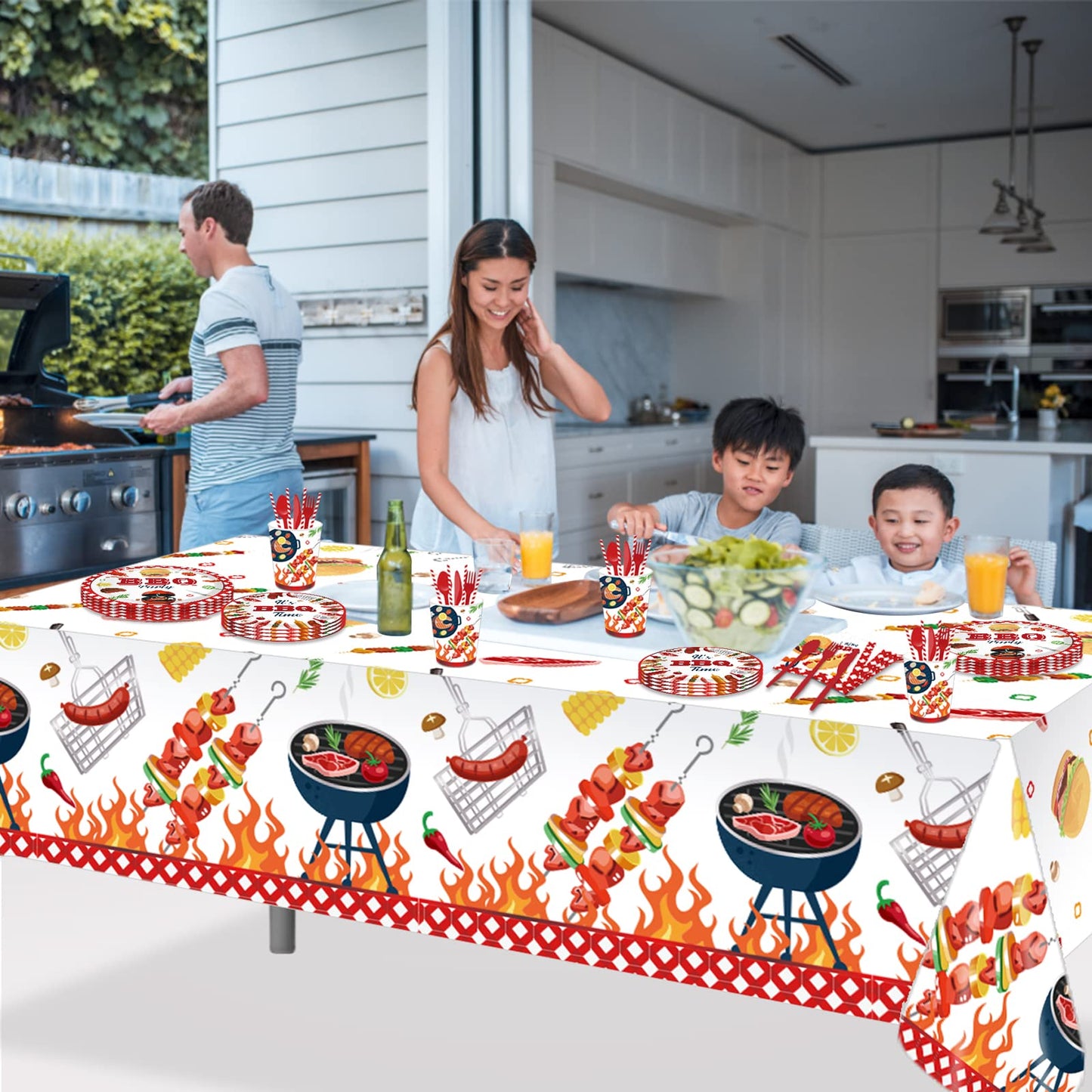 CC HOME 1 Pieces BBQ Party Plastic Tablecloth 54 x 87 Inch Long Table Cover, Hamburger BarbecueTeppanyaki Wedding Baby Shower Party Holiday Dinner Picnic or Tablecloth for Kitchen Event Use
