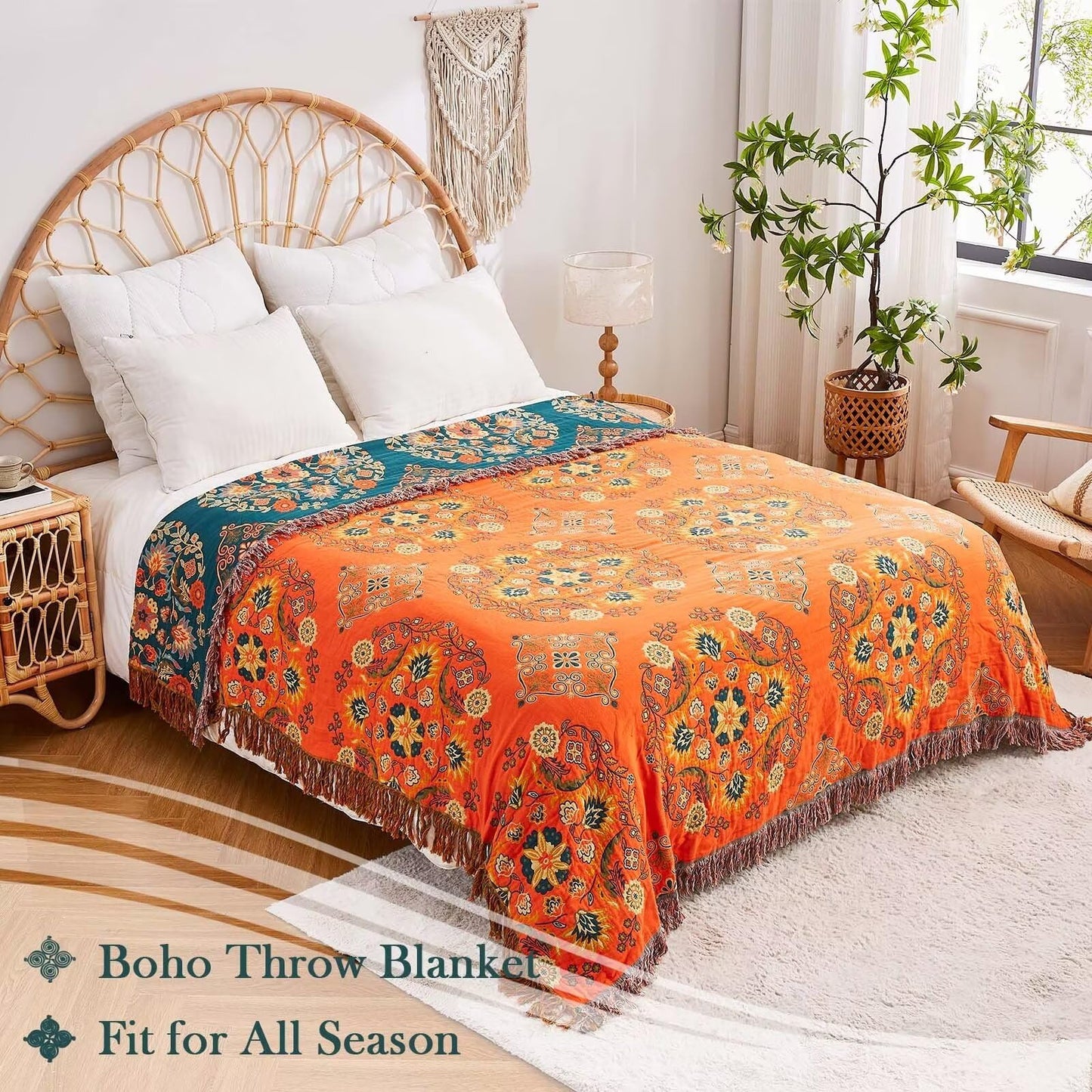 XIBLC Boho Throw Blanket, 100% Cotton Ultra Soft Luxury Throw Rustic Quilt, 60"x80" Floral Printed Farmhouse Decor Bed Summer Blankets, All Season Rustic Reversible Bohemian Throw for Bed - Orange