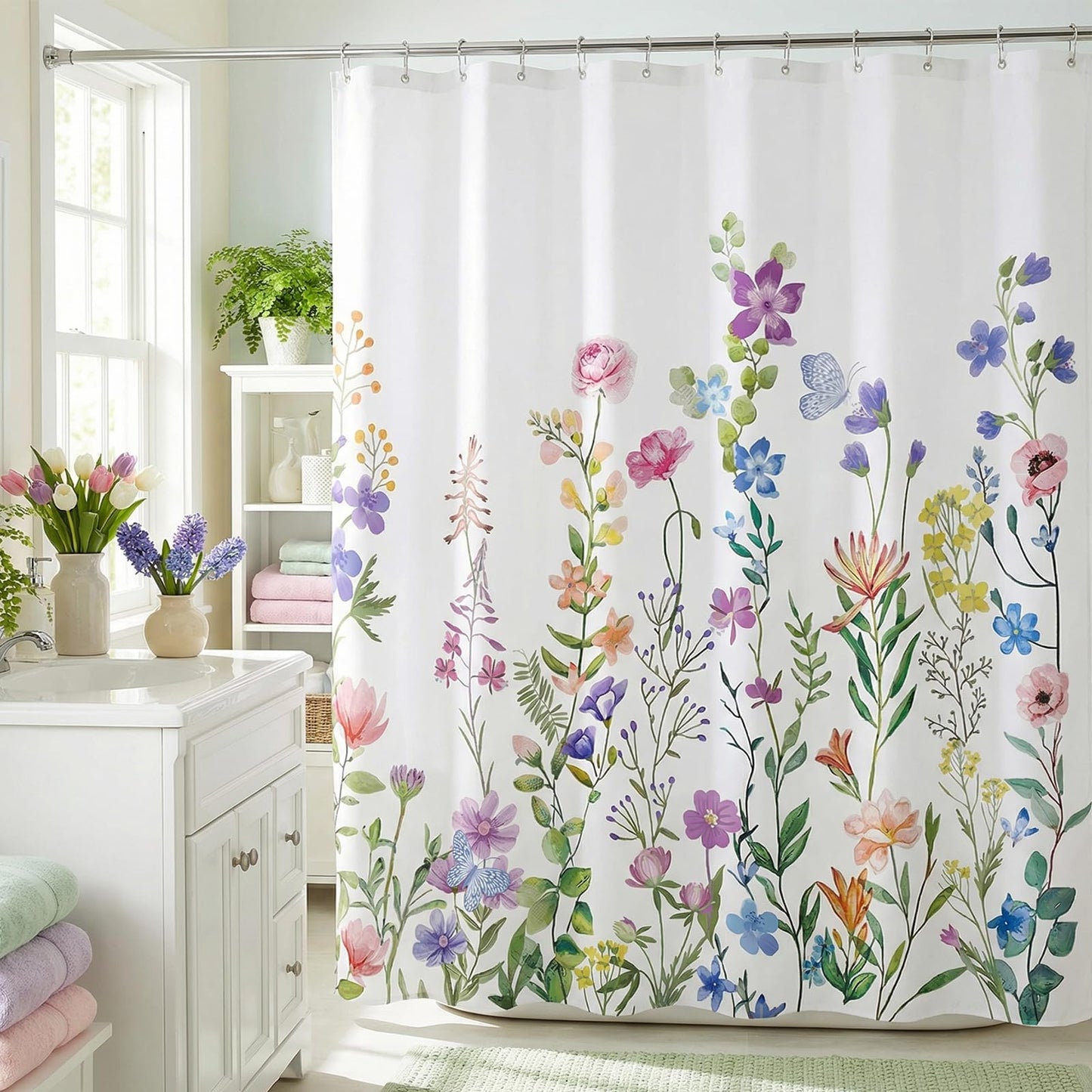 ZCHOMI Spring Floral Shower Curtain Wildflower Plant Shower Curtains for Bathroom Waterproof Polyester Fabric Bath Curtain 72 x 72 Inch with 12 Plastic Hooks