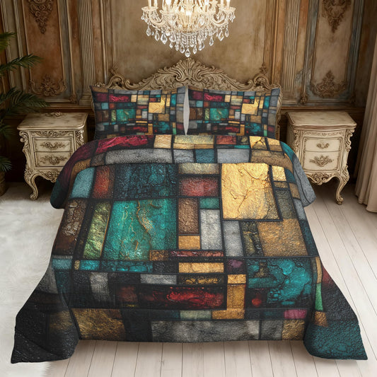 Flumoxa Stained Glass Comforter Full Size, Vintage Colorful Geometric Comforter Down Alternative All Season Bedding, Stained Glass Bed Set Full with Pillowcase, Bedroom Decor
