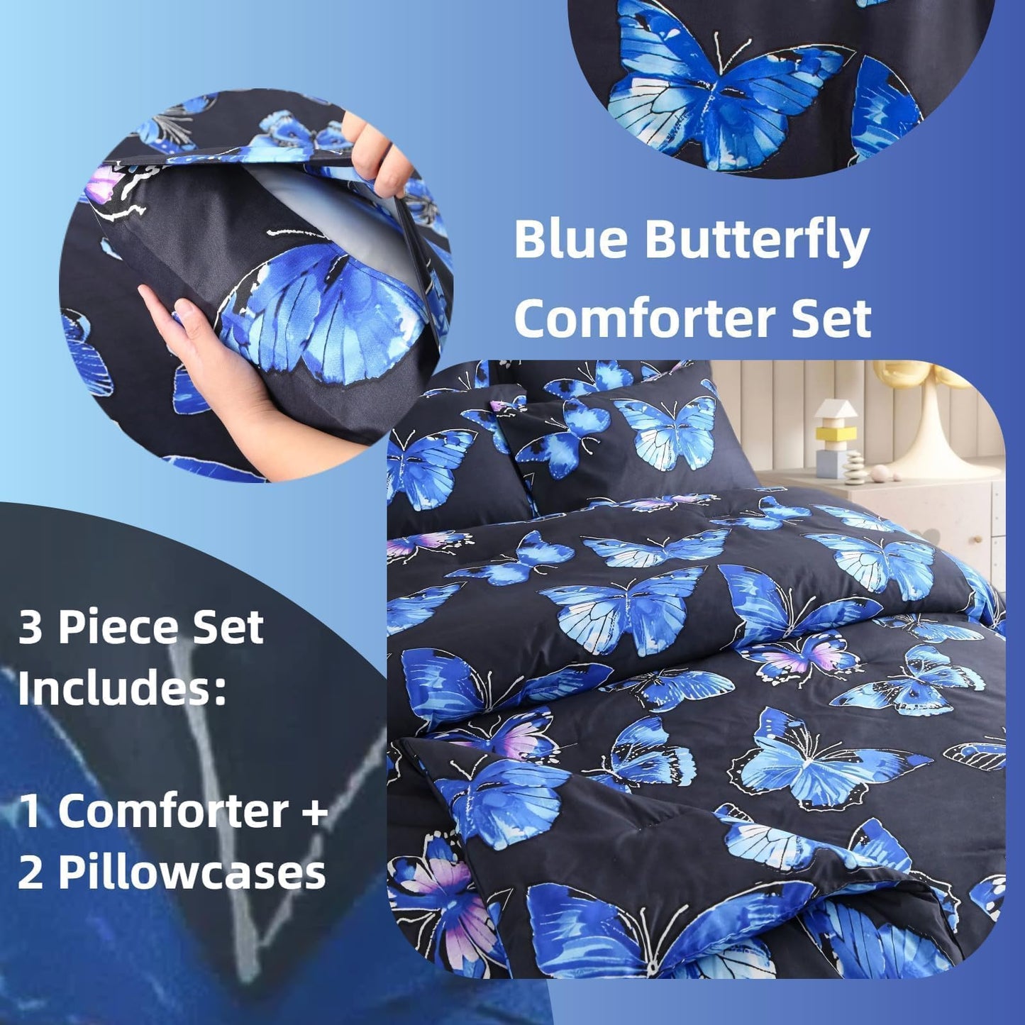 SDIII Blue Butterfly Comforter Set Twin 3 Pieces, Soft Microfiber Lightweight Blue Butterfly Twin Bedding Set for Girls Kids and Teens All Season