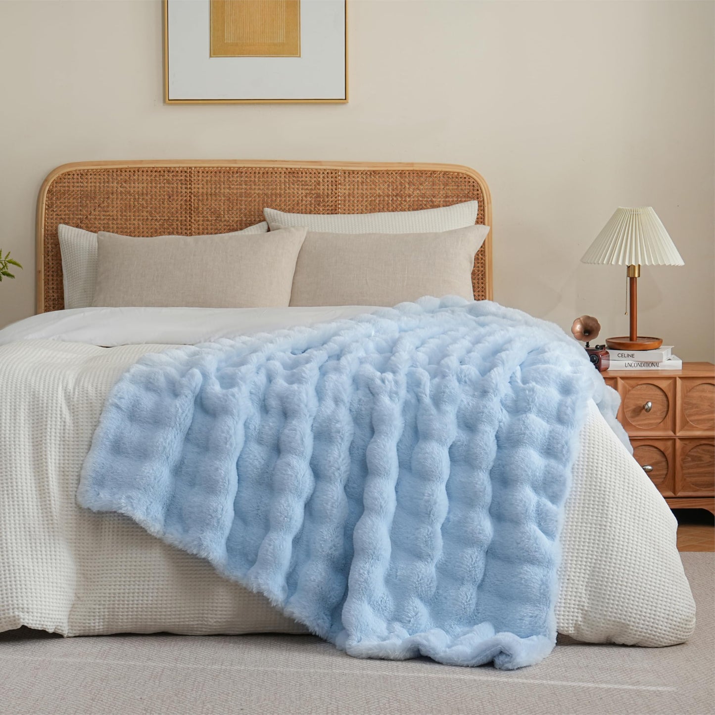 Light Blue Faux Fur Fluffy Blanket Plush Fuzzy Throw Blanket for Couch Sofa Soft Fleece Winter Warm Bubble Bed Throw, 63"x79"