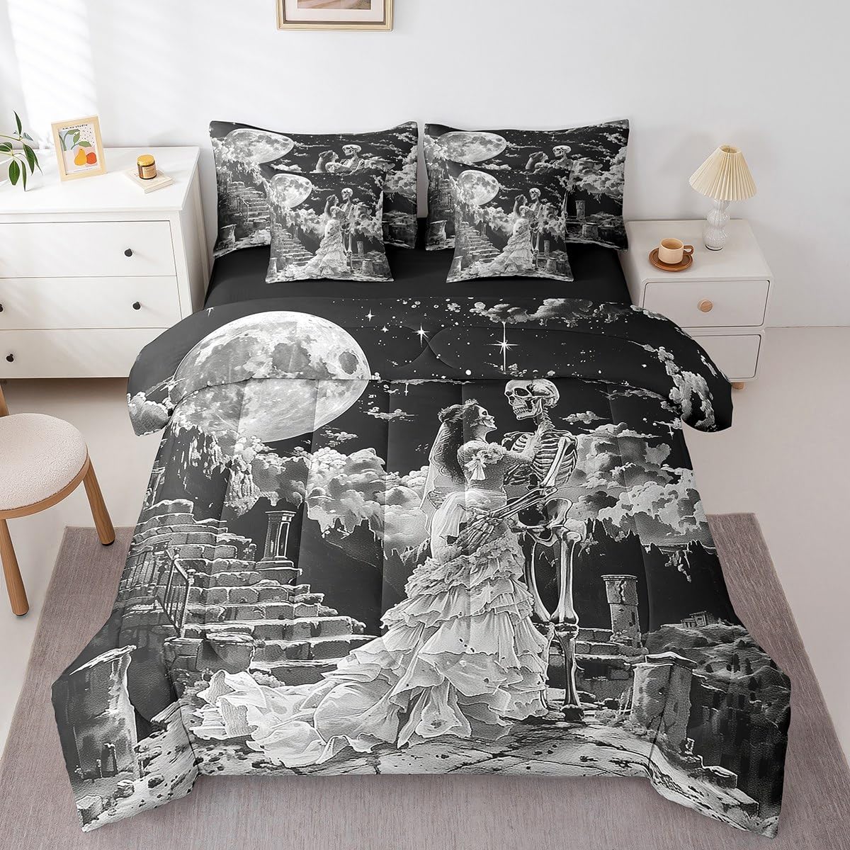 Erosebridal Sugar Skull Comforter Set King,Romantic Skeleton Couple Bedding Set 7Pcs,Glitter Starry Sky Stars Bed in a Bag,Trippy Skull Bones Quilt
