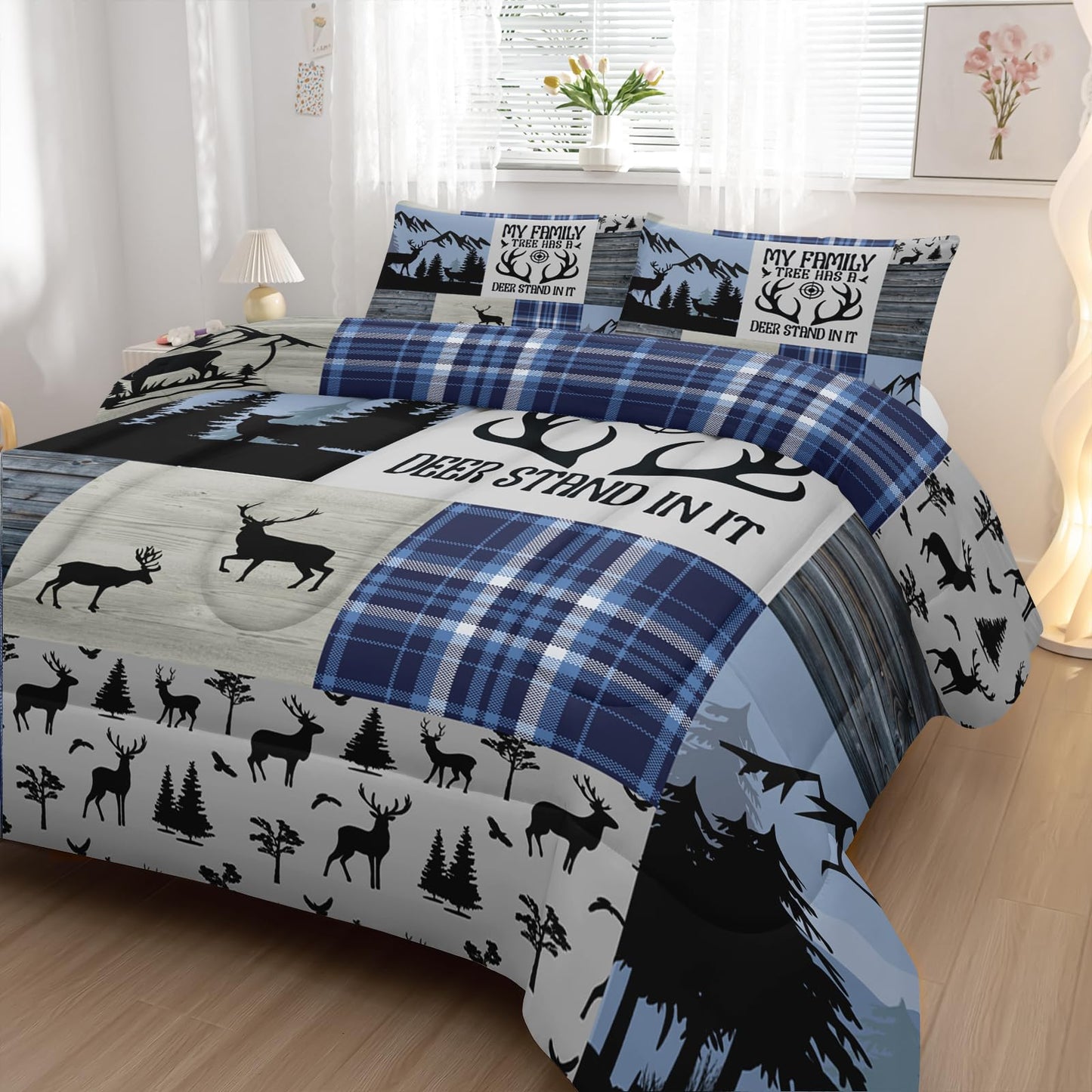 Nttopship Deer Moose Print Comforter Set Twin,Deer Hunting Theme Bedding Set for Boys Teens Girls,Hunting Theme Bedding Set Wildlife Hunting Theme Room Decor Comforter Set and 2 Pillowcases