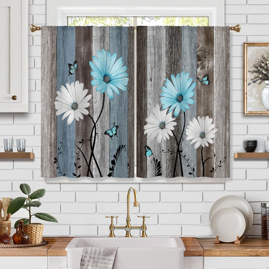 Cizuug Blue Farmhouse Daisy Kitchen Curtains Wooden Flower Small Short Cafe Window Curtains Rustic Floral Butterfly Country Bathroom Drapes Treatment Tier Curtains 2 Panels