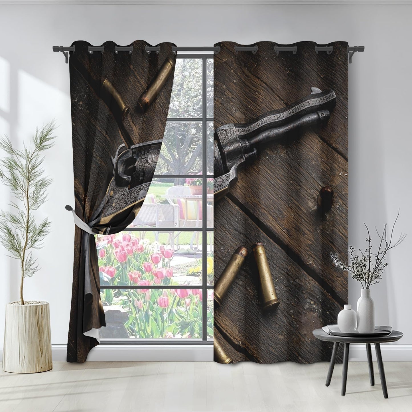 Retro Western Revolver Curtains for Bedroom Decor, Cowboy Pistol Bullet Blackout Curtains 63 Inch Long Grommet Curtains, Rustic Old Wooden Planks Drapes Thermal Insulated for Living Room 2 Panels Set
