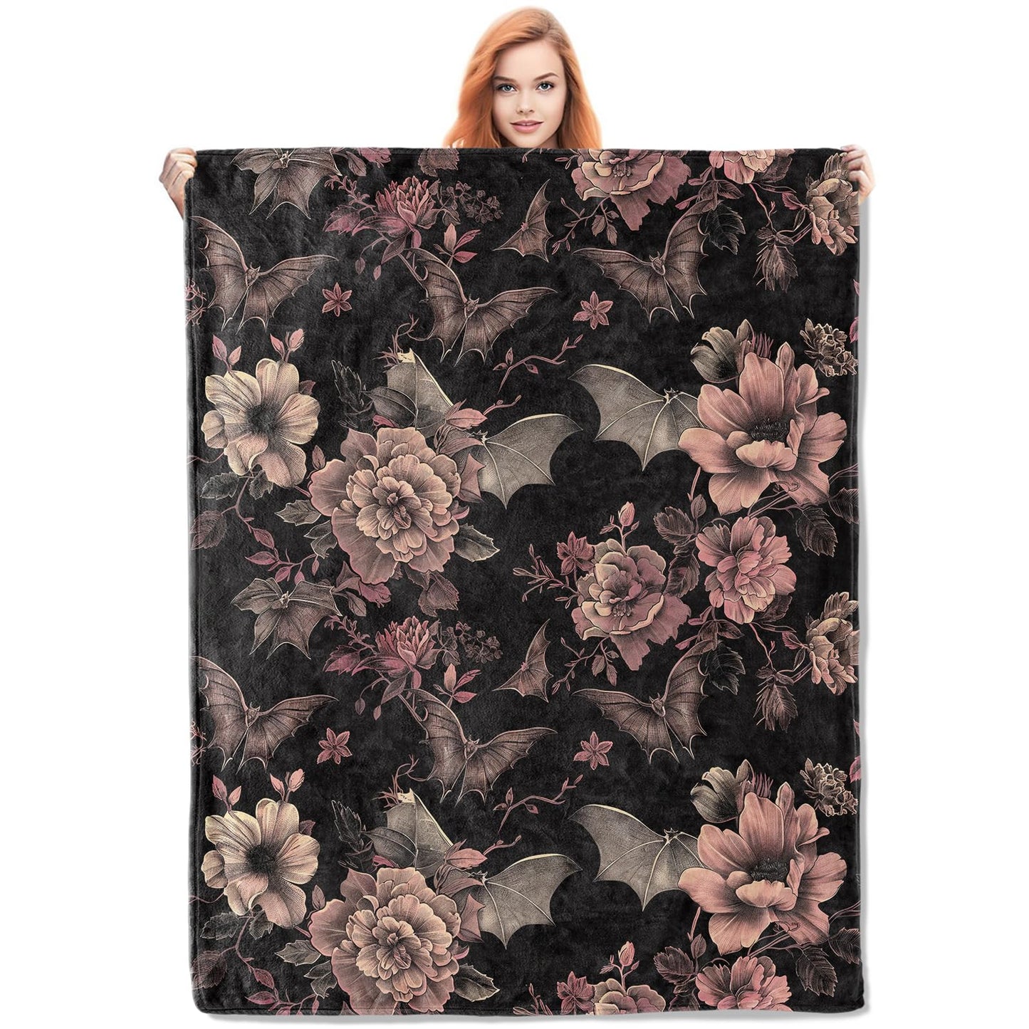 VANZEV Gothic Blanket, Floral and Bat Flannel Throw Blankets,Soft Warm Lightweight Cozy Plush Halloween Goth Throws for Bedroom Sofa Home Decor Gifts for Women Girls 50"x60"