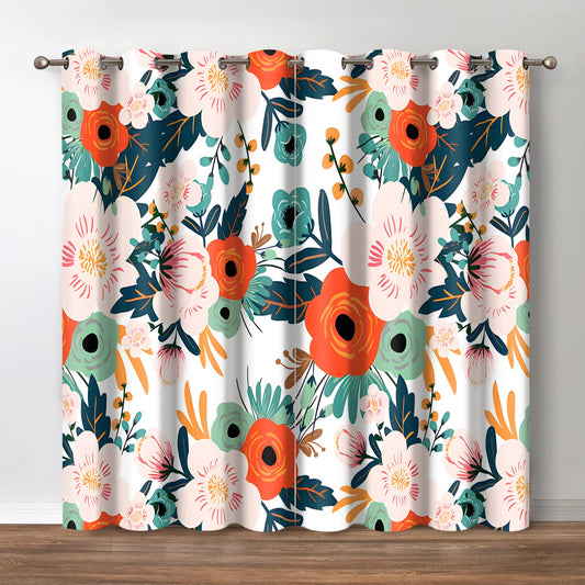 Jekeno Floral Blackout Curtains Colorful Flowers Green Leaves Decor Home Bedroom Living Room Darkening Grommet Window Drapes 2 Panel Set, 52"x84"
