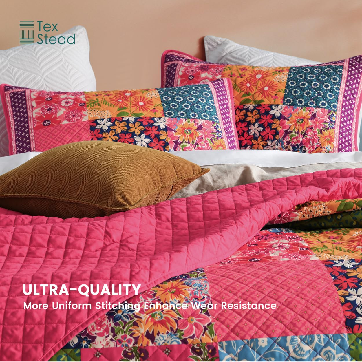 TEXSTEAD Queen Quilt Set - Washed Quilted Patchwork Comforter Coverlet, Lightweight Breathable Bedspread for All Seasons, Reversible 90"x90" with 2 Pillow Shams, Machine Washable
