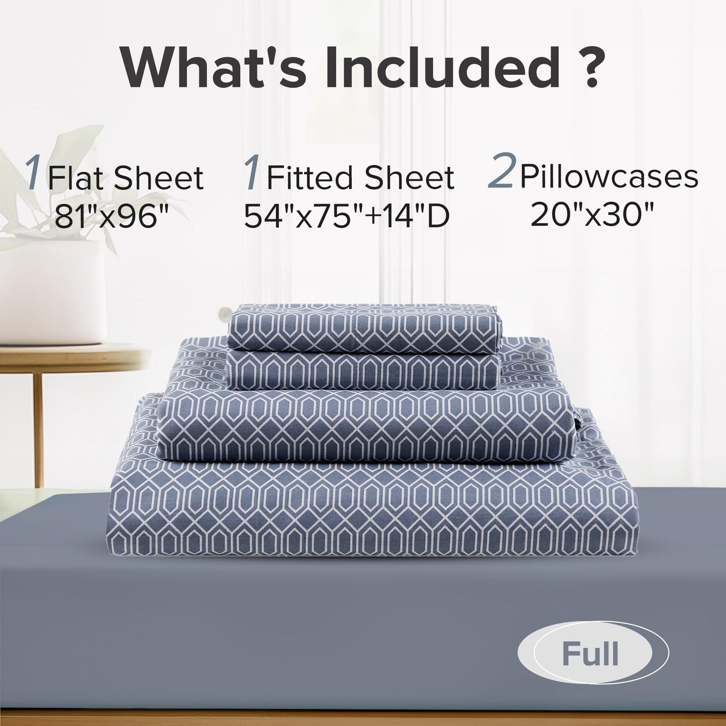 Comfort Spaces 100% Cotton Sheets Full, Breathable, Naturally Cool Cotton Sheets, Soft Cotton Bed Sheets with 14" Elastic Pocket Fits up to 16" Mattress, All Seasons Sheet Set, Diamond Blue 4 Piece