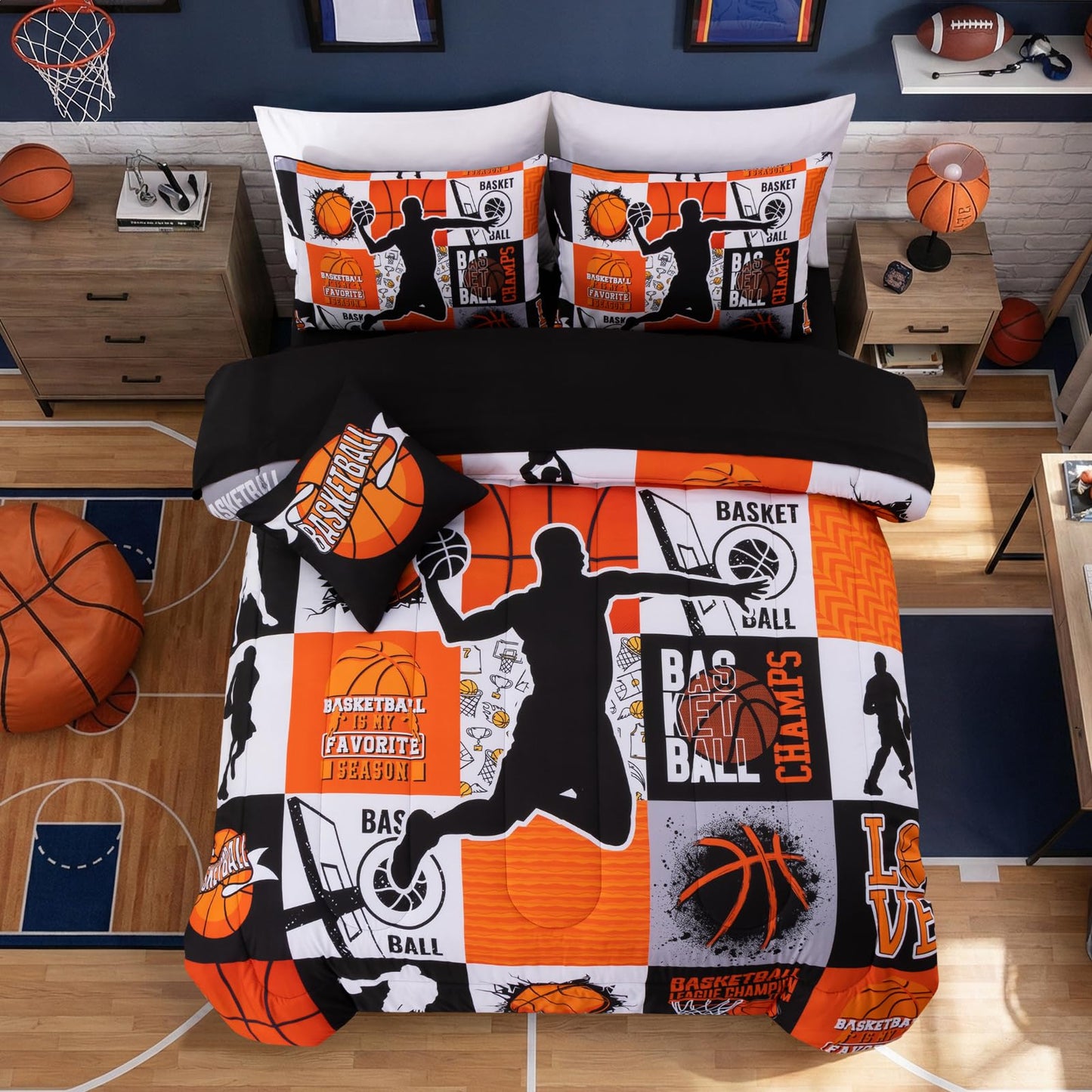 A Nice Night Sports Geometric Grid Baseketabll Patchwork Baskeball Printed for Boys Twin 6Pcs Bed in A Bag Comforter Bedding Set, Orange