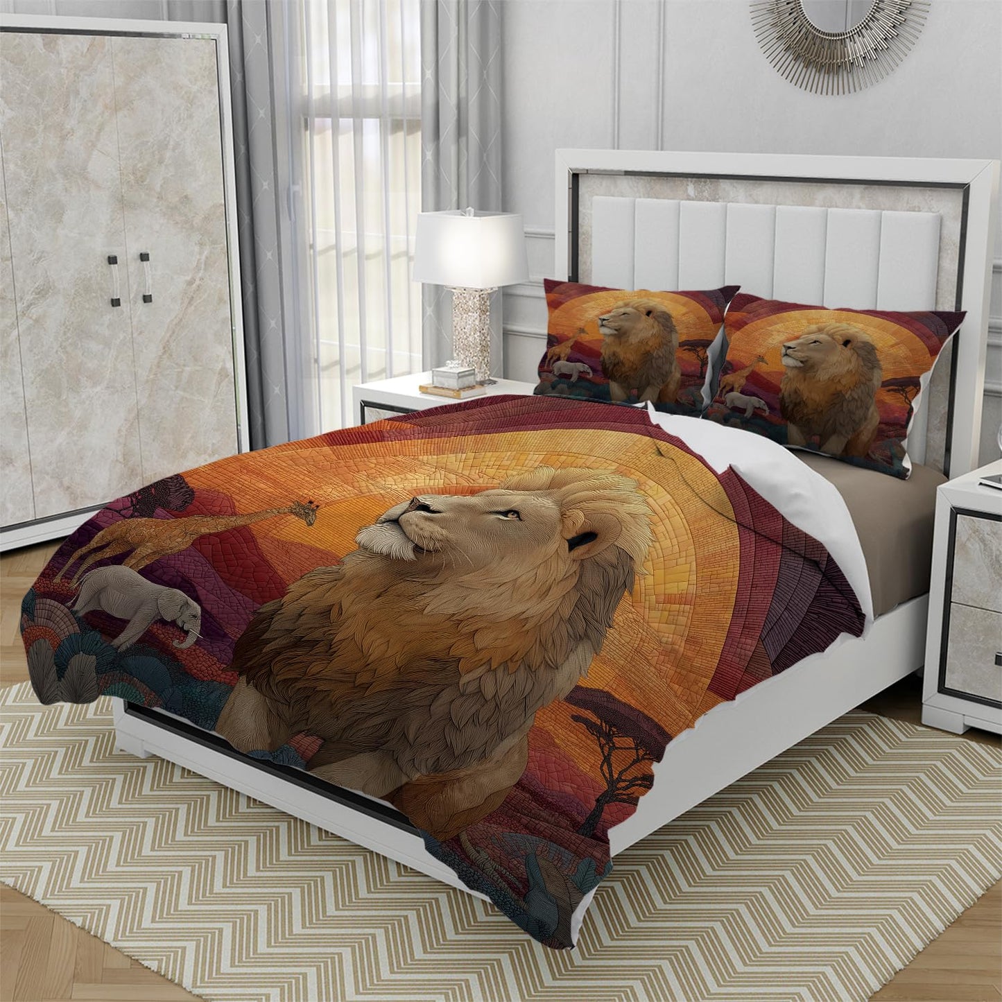 RICQLESC Lion Duvet Cover and 2 Pillow, Tropical Africa Wildlife Animal Giraffe Elephant Comforter Set, Kids Boys Girls Bedding 3 Pieces, King Size 104x90 inch