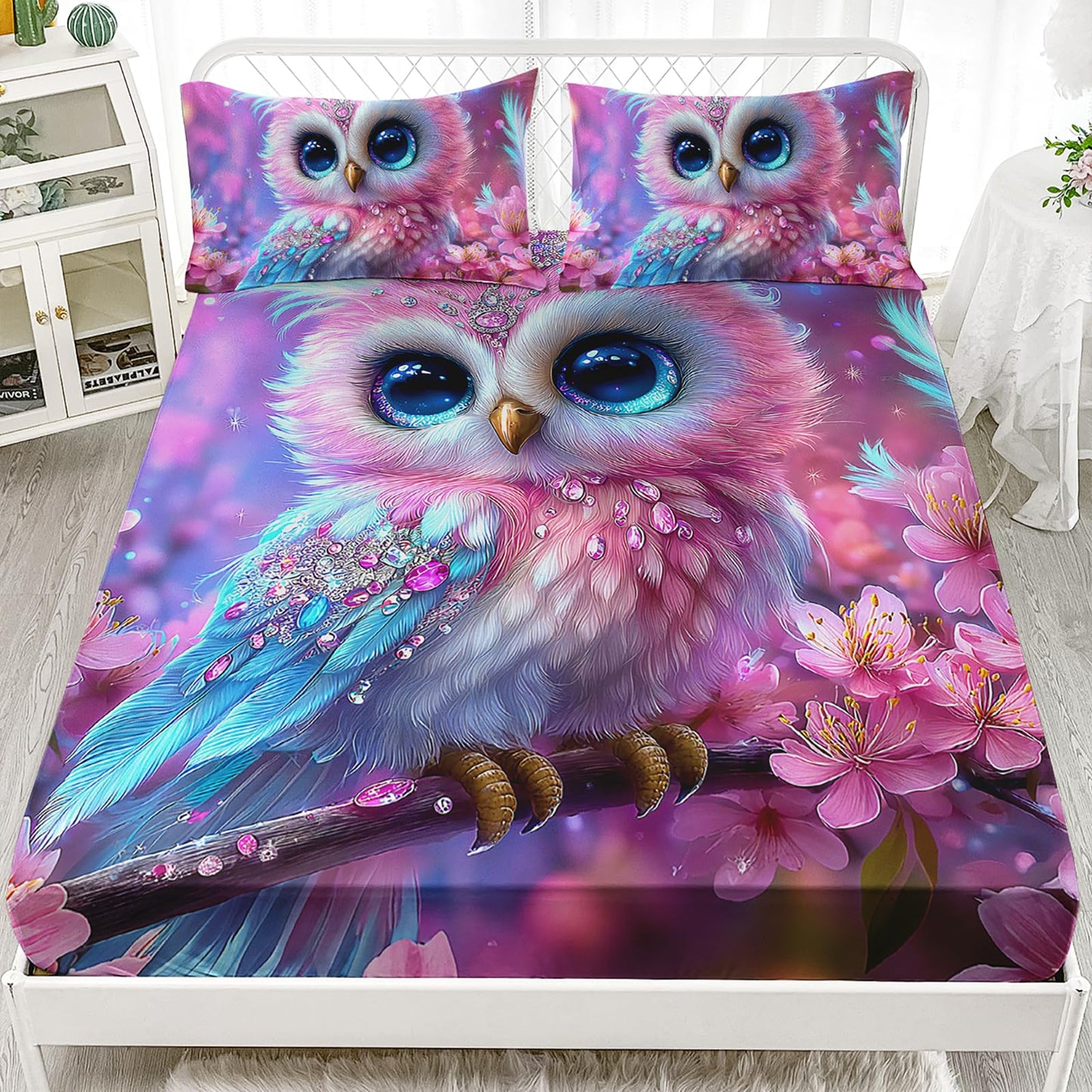 AILONEN Pink Kawaii Owl Fitted Sheet Set Twin XL Size for Girls,Beautiful Floral Bird Fairy Kids Soft Deep Pocket Sheet with 2 Pillowcases,3Pcs Soft Microfiber