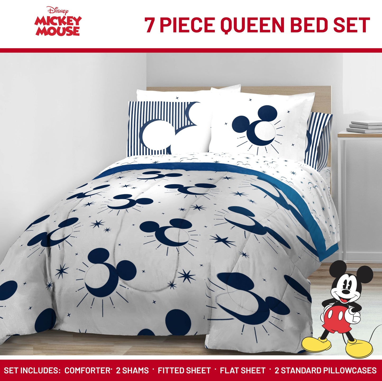 Jay Franco Disney Mickey Mouse Queen Comforter Set - 7 Piece Bedding Includes Sheet Set & Pillow Covers - Super Soft Cozy Celestial Bedding