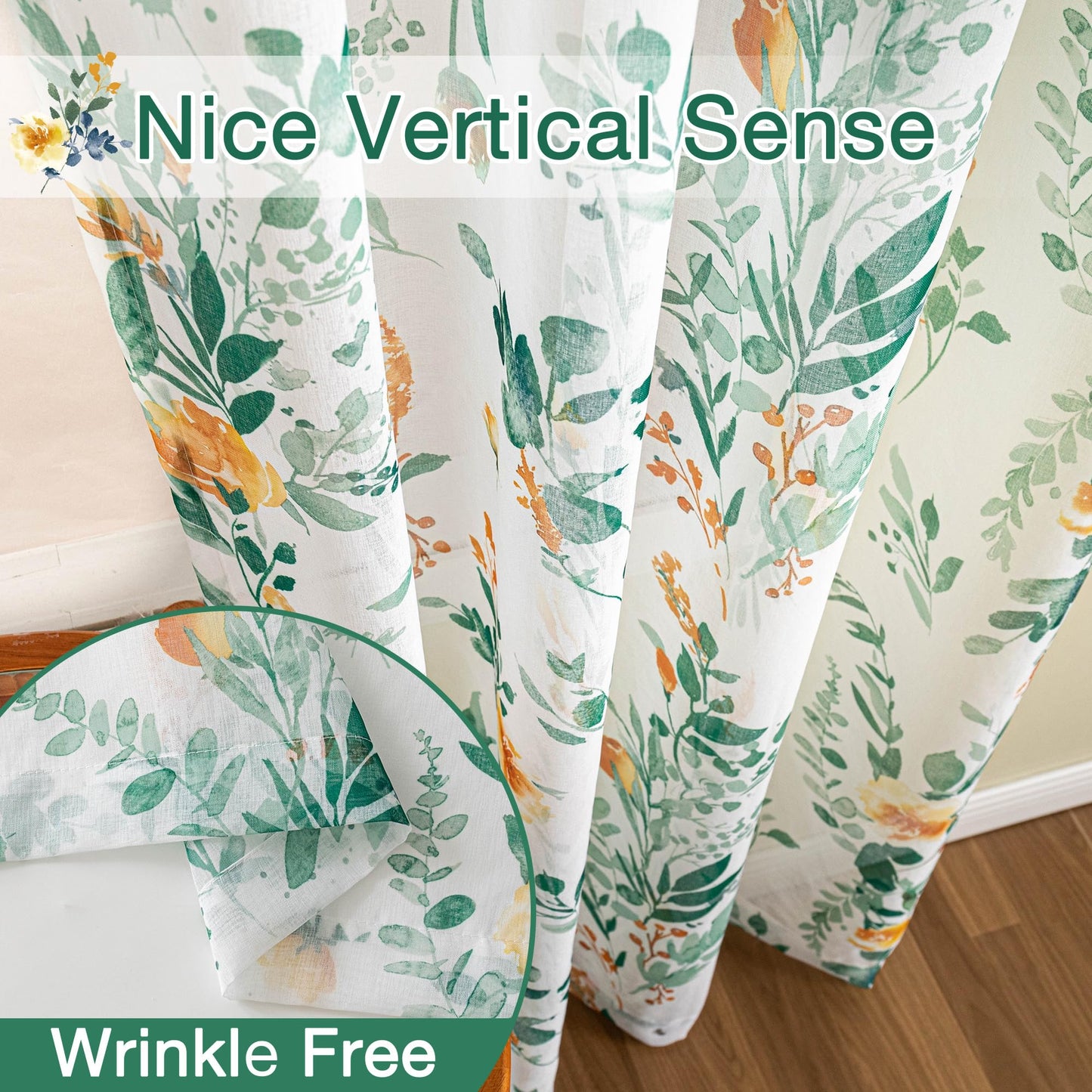 MYSKY HOME Green Sheer Curtains 36 Inches Long 2 Panels Set Country Rustic Floral Design Spring Short Curtains for Windows Rod Pocket Drapes, Each Panel 52" Wide