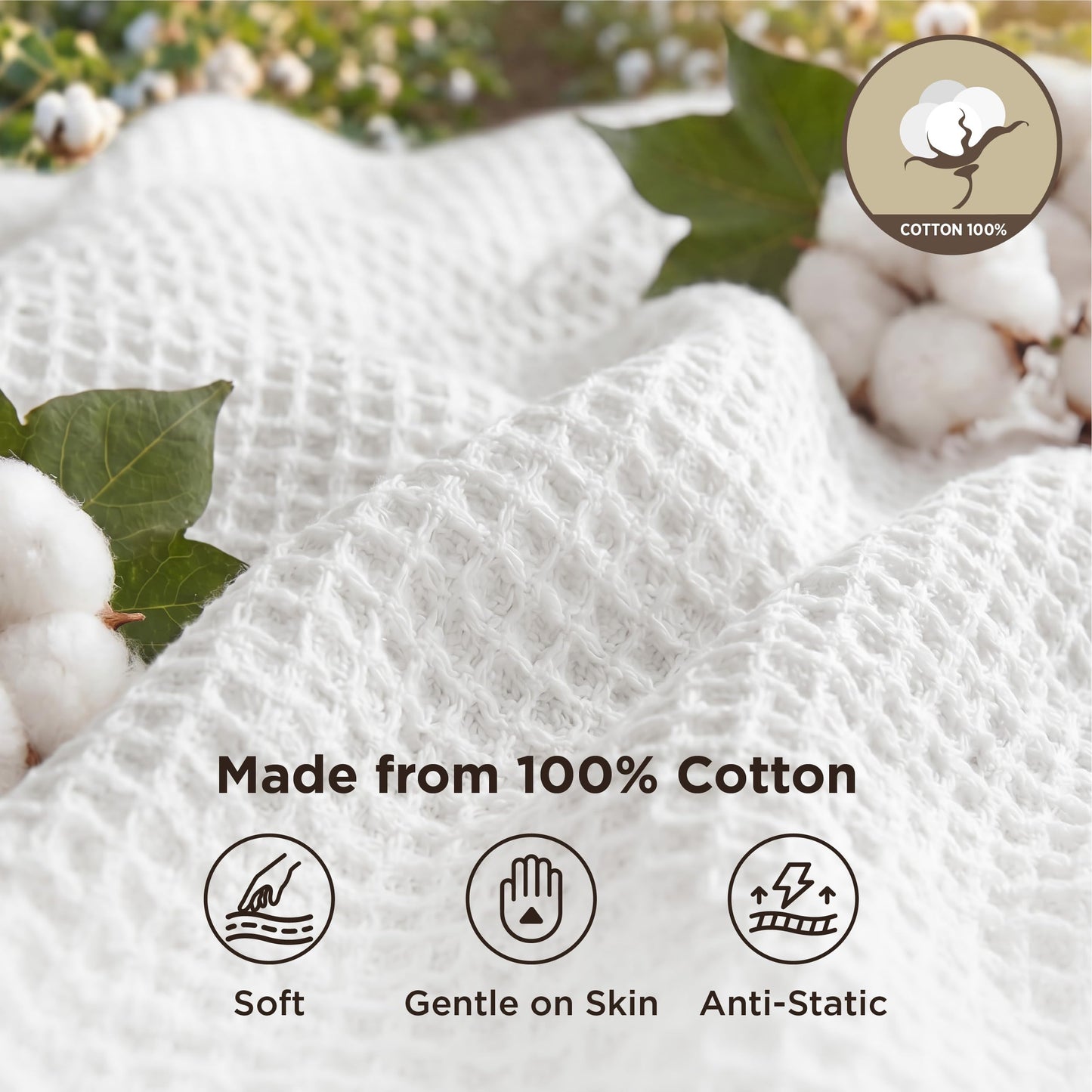 Bedsure 100% Cotton Blanket Queen Size for Bed - Cooling Breathable and Soft for Summer, Thick Cozy Waffle Weave Blanket Gifts for Women, White, 90x90 Inches