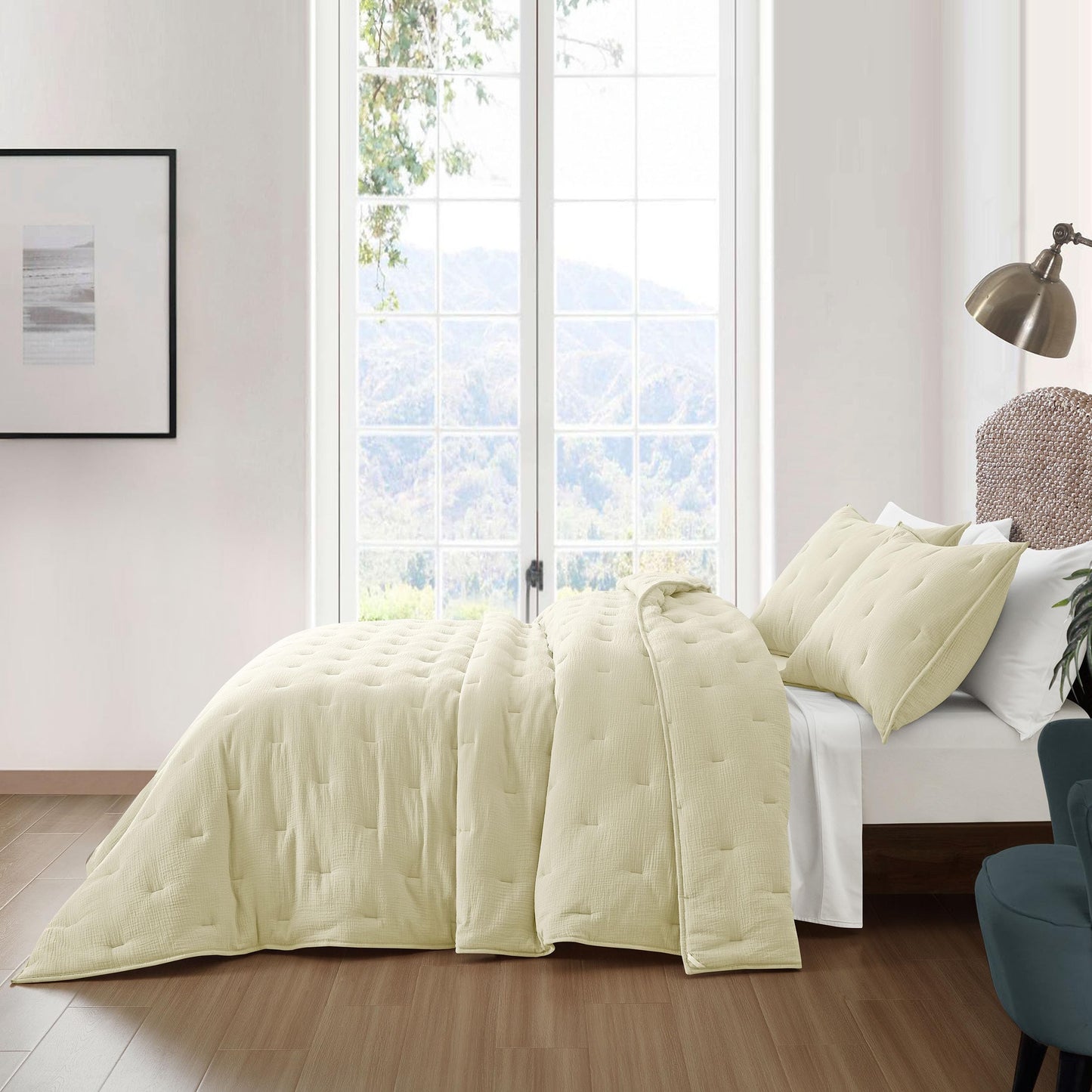 COZYXWORLD Pre-Washed 100% Cotton Muslin Gauze Comforter Set, 3 Piece Full/Queen Quilt Set, Duvet Insert with Corner Loops, 1" Line Quilted, Ivory