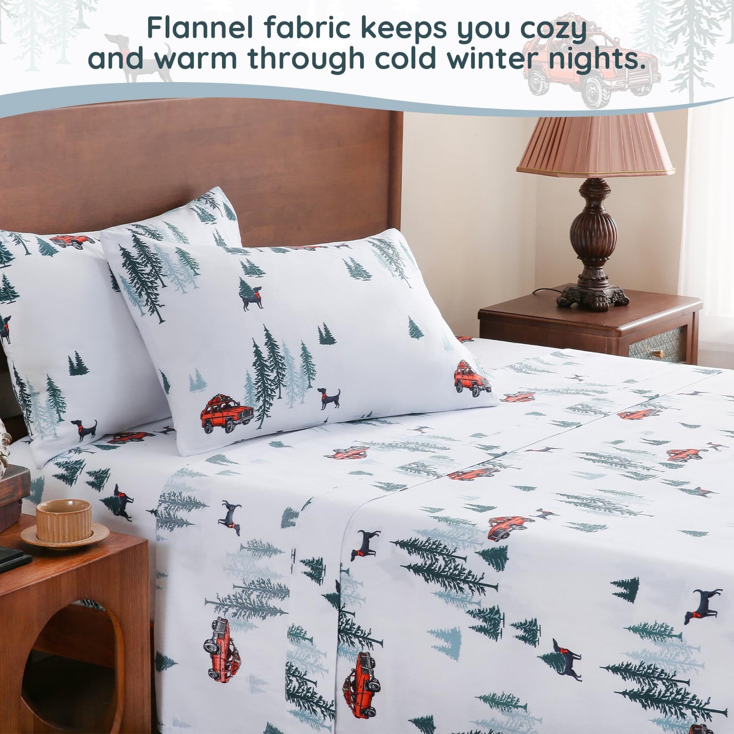 LONAVA 100% Cotton Flannel Sheet Set 4 Pieces, Heavy-Duty Fluffy Flannel Design, Thermal Lock Technology, 16 inch Deep Pocket Cozy Soft Bedsheets,(Twin,Forest Jeep)