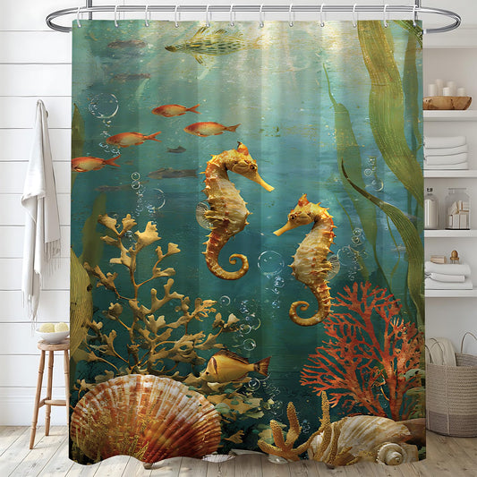THISFIND Shower Curtain, Underwater Seahorse Coral Reef Scene Machine Washable Waterproof Fabric for Bathroom Decor Bathtub with 12 Hooks 72x72