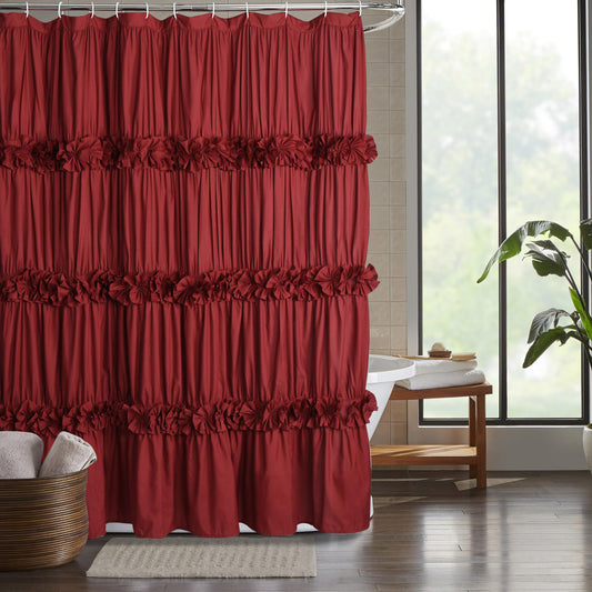 Homechoice Decor Burgundy Ruffle Shower Curtain, Vintage Handcrafted Bow Tie Bath Curtain for Master Bathroom, Ruched Microfiber Bathroom Curtain with 12 Buttonholes, 72" W x 72" H (LQ-10)